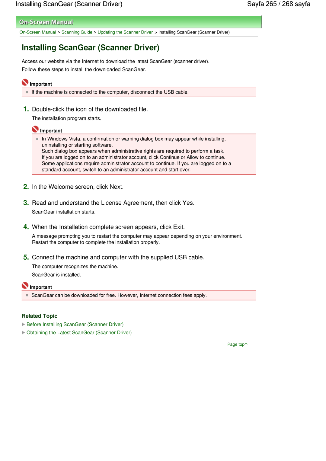 Canon 100 manual Installing ScanGear Scanner Driver Sayfa 265 / 268 sayfa, Double-click the icon of the downloaded file 