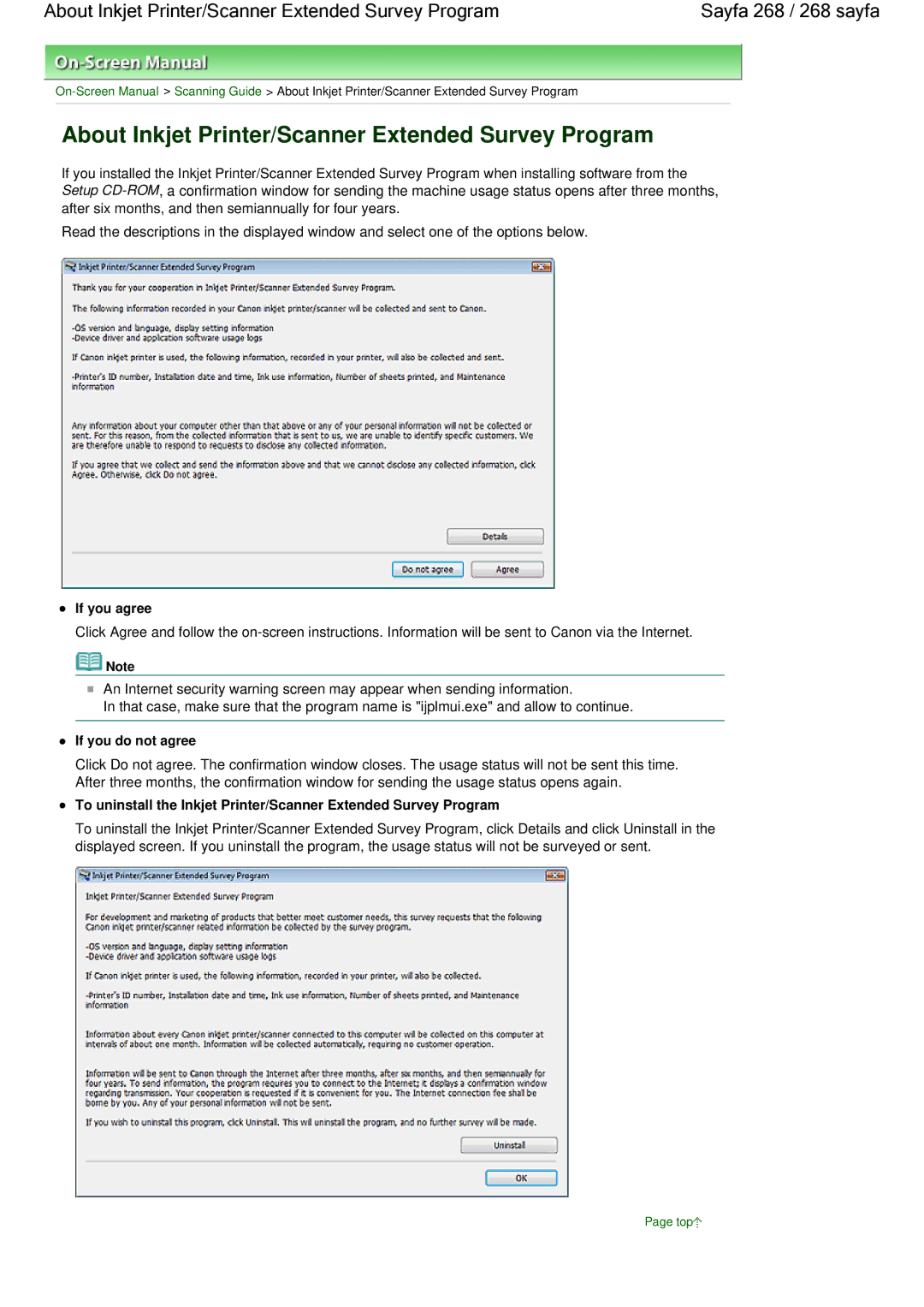 Canon 100 manual About Inkjet Printer/Scanner Extended Survey Program, If you agree, If you do not agree 