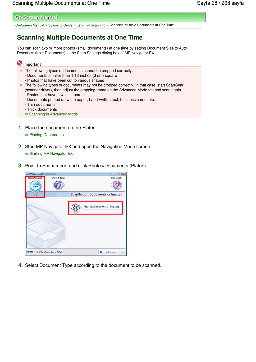 Canon 100 manual Scanning Multiple Documents at One Time, Place the document on the Platen 