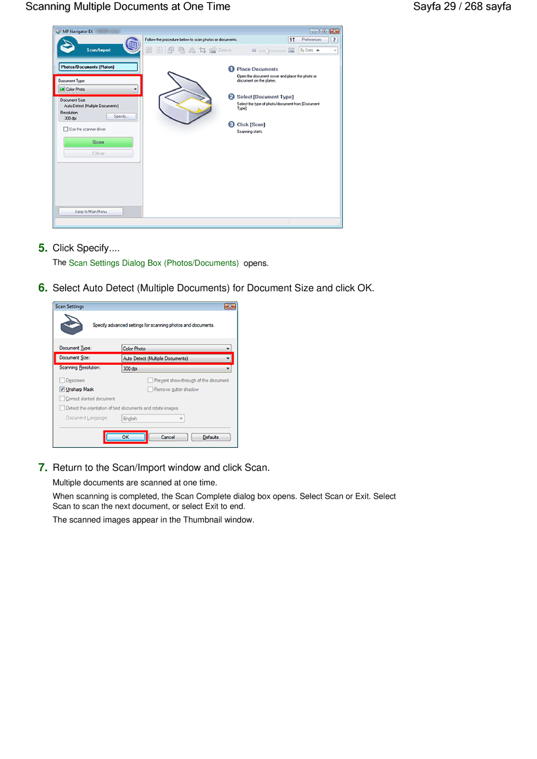 Canon 100 manual Scanning Multiple Documents at One Time Sayfa 29 / 268 sayfa, Click Specify 
