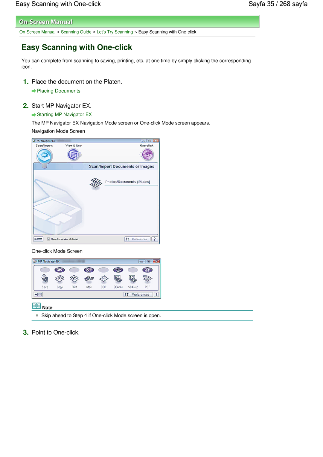 Canon 100 manual Easy Scanning with One-click Sayfa 35 / 268 sayfa, Point to One-click, Start MP Navigator EX 