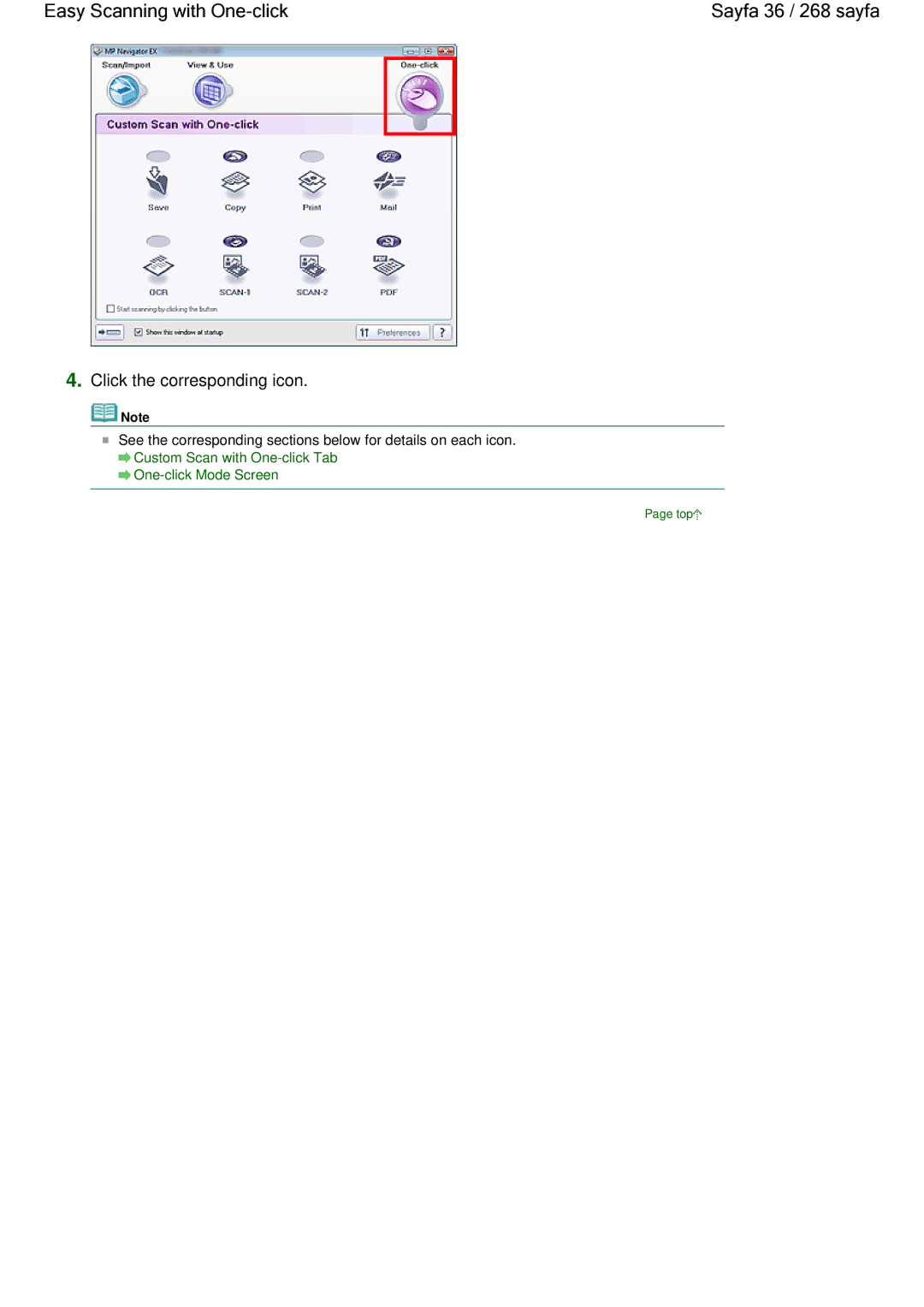 Canon 100 manual Easy Scanning with One-click Sayfa 36 / 268 sayfa, Click the corresponding icon 