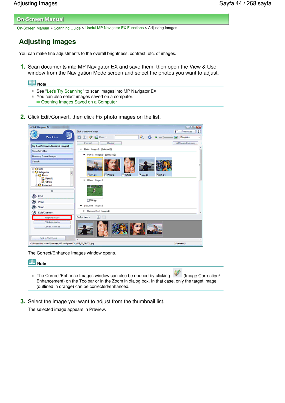 Canon 100 manual Adjusting Images Sayfa 44 / 268 sayfa, Select the image you want to adjust from the thumbnail list 