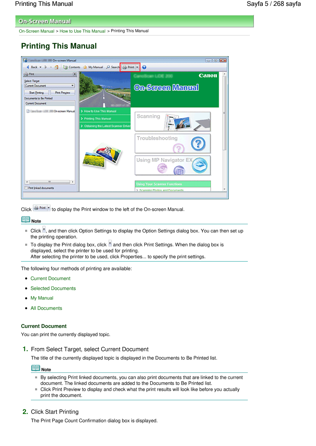 Canon 100 Printing This Manual Sayfa 5 / 268 sayfa, From Select Target, select Current Document, Click Start Printing 