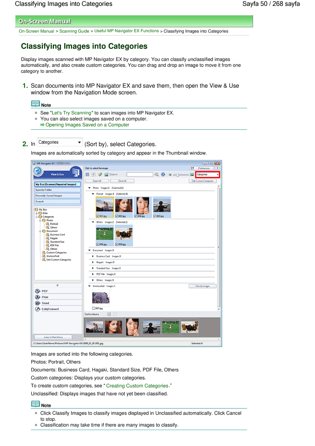 Canon 100 manual Classifying Images into Categories Sayfa 50 / 268 sayfa, Sort by, select Categories 