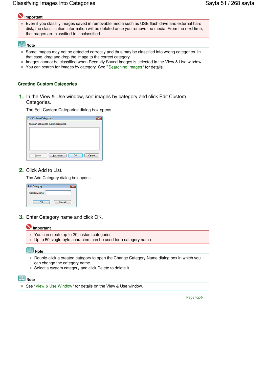 Canon 100 Classifying Images into Categories Sayfa 51 / 268 sayfa, Enter Category name and click OK, Click Add to List 