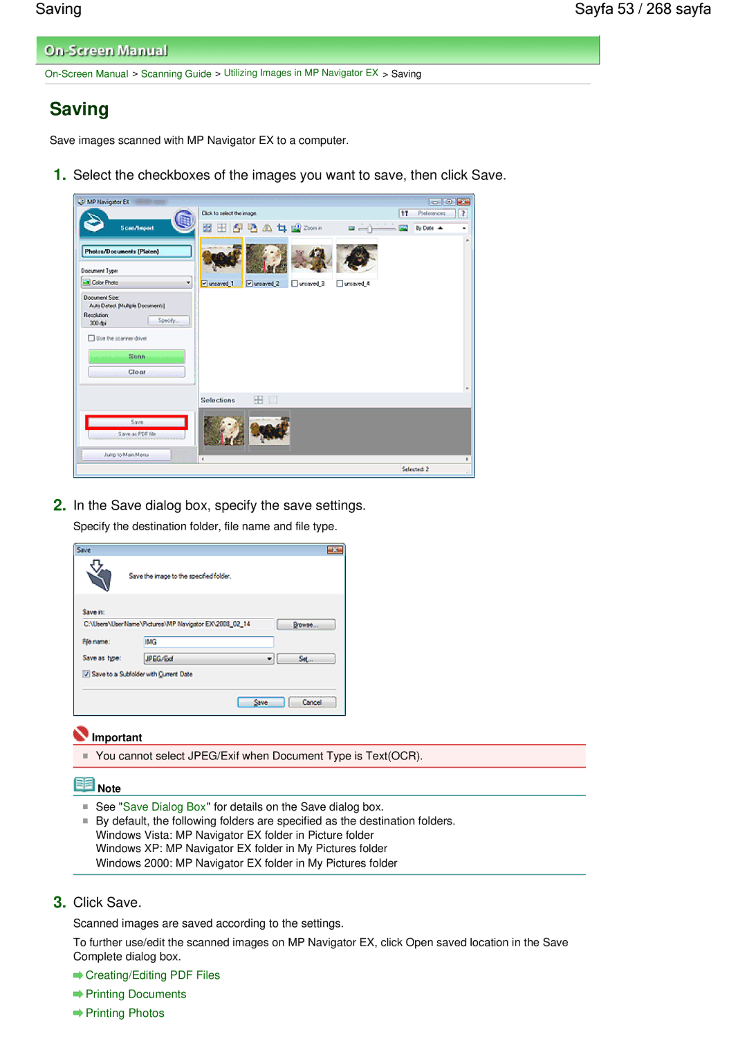 Canon 100 manual Saving Sayfa 53 / 268 sayfa, Click Save, Save dialog box, specify the save settings 