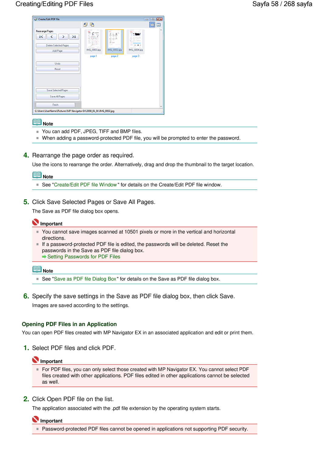 Canon 100 manual Sayfa 58 / 268 sayfa, Click Save Selected Pages or Save All Pages, Rearrange the page order as required 