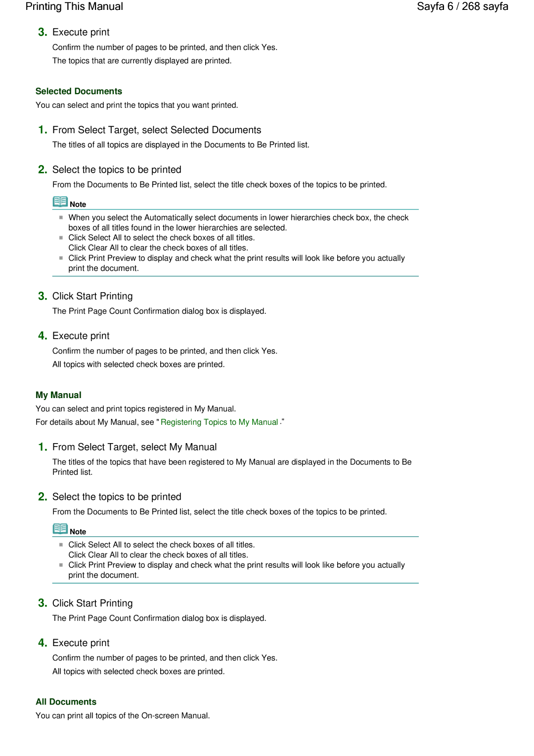 Canon 100 manual Printing This Manual Sayfa 6 / 268 sayfa, Execute print, From Select Target, select Selected Documents 