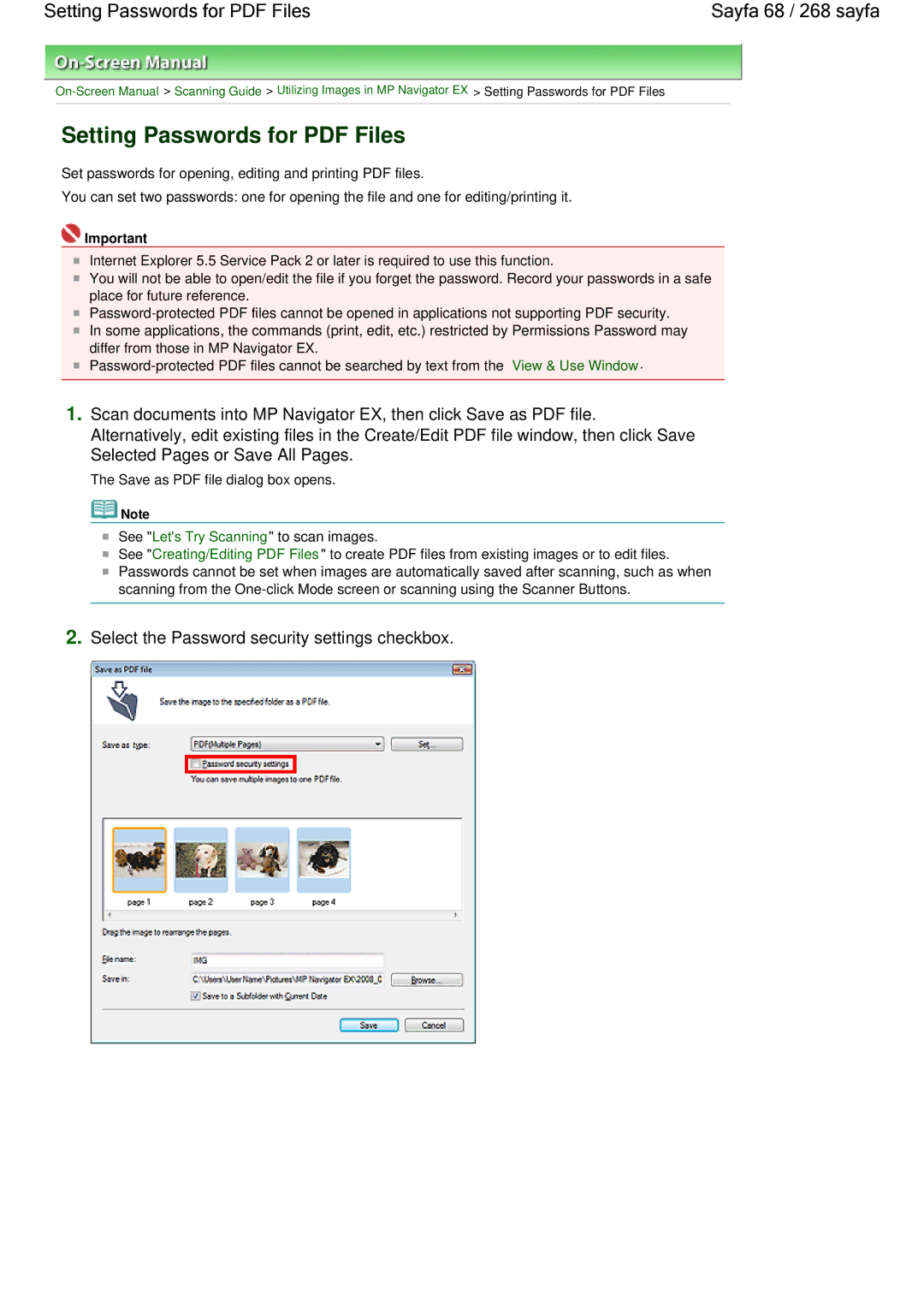 Canon 100 manual Sayfa 68 / 268 sayfa, Select the Password security settings checkbox 