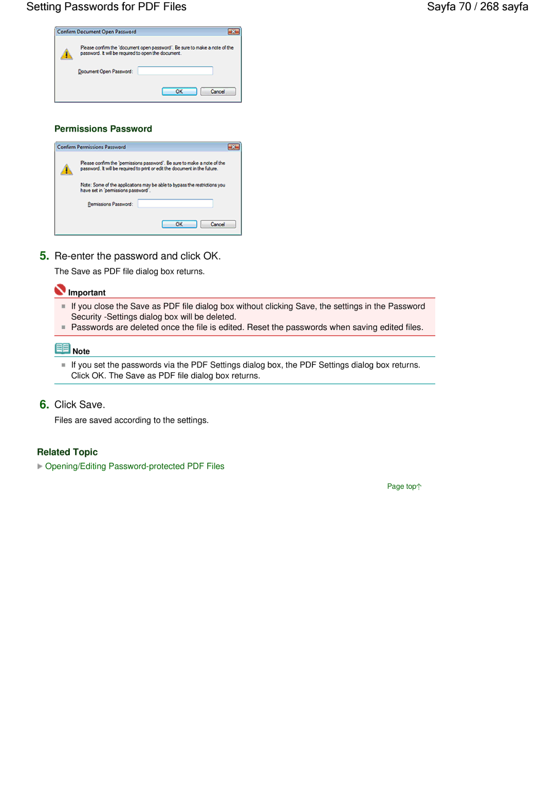 Canon 100 manual Sayfa 70 / 268 sayfa, Re-enter the password and click OK, Permissions Password, Related Topic 