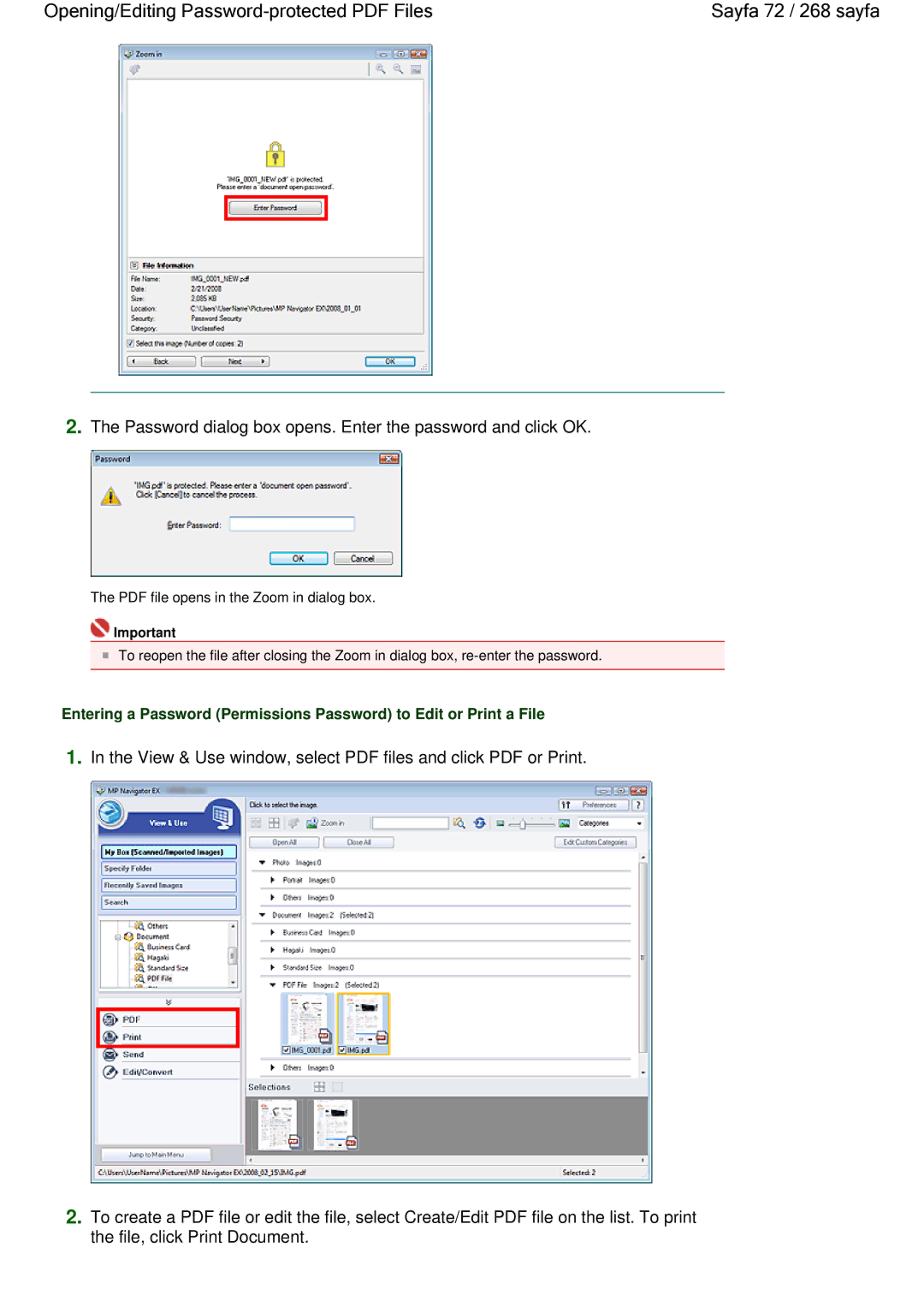 Canon 100 Sayfa 72 / 268 sayfa, Password dialog box opens. Enter the password and click OK, File, click Print Document 