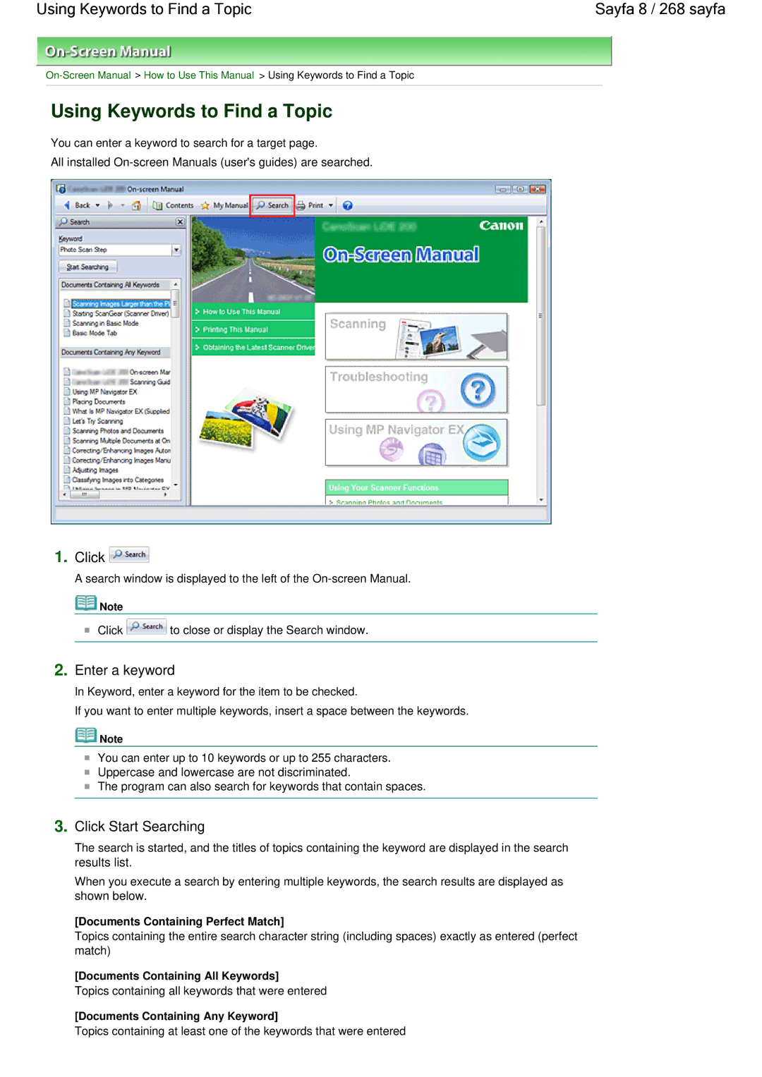 Canon 100 manual Using Keywords to Find a Topic Sayfa 8 / 268 sayfa, Click Start Searching, Enter a keyword 