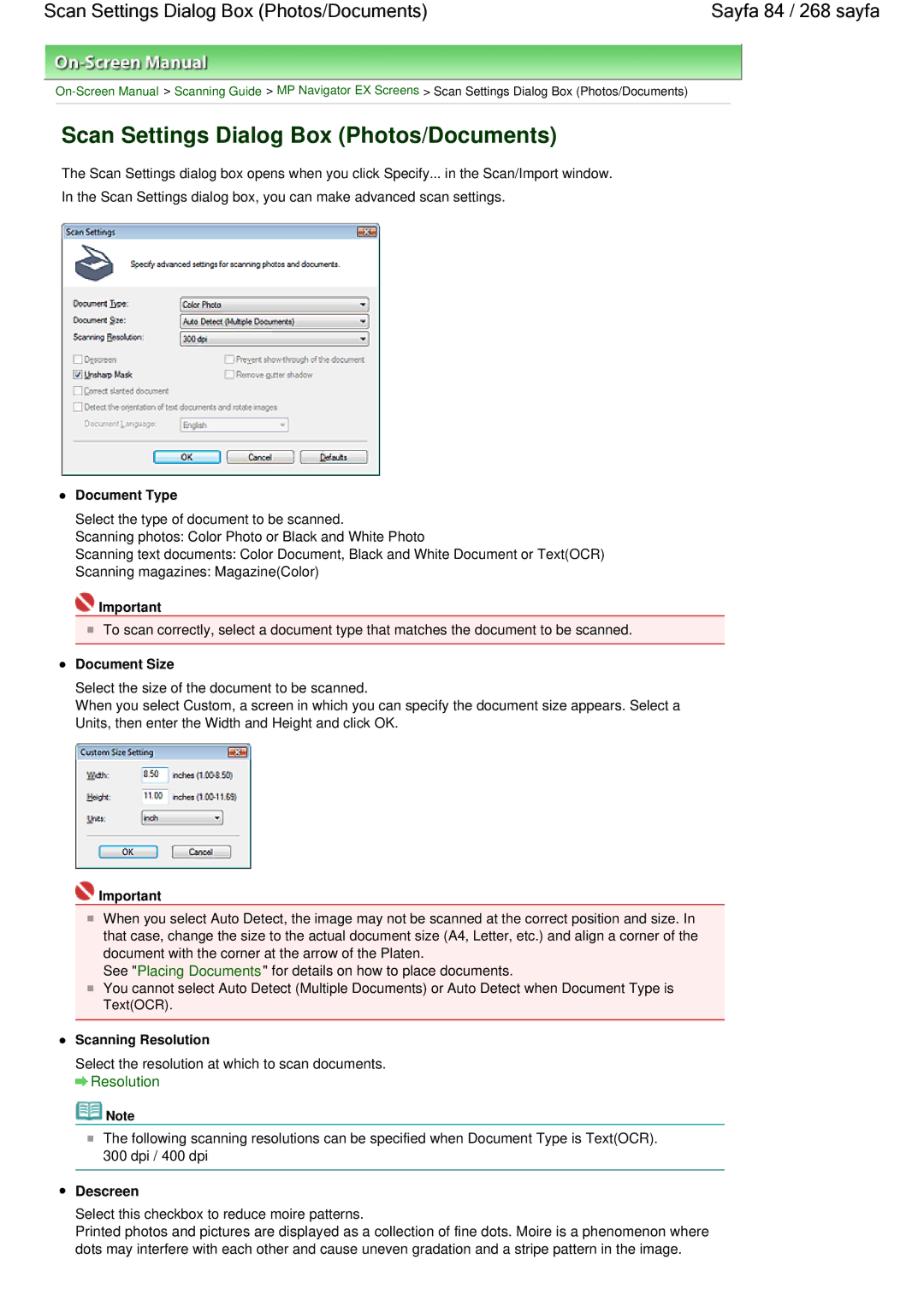 Canon 100 manual Scan Settings Dialog Box Photos/Documents, Document Size, Scanning Resolution, Descreen 