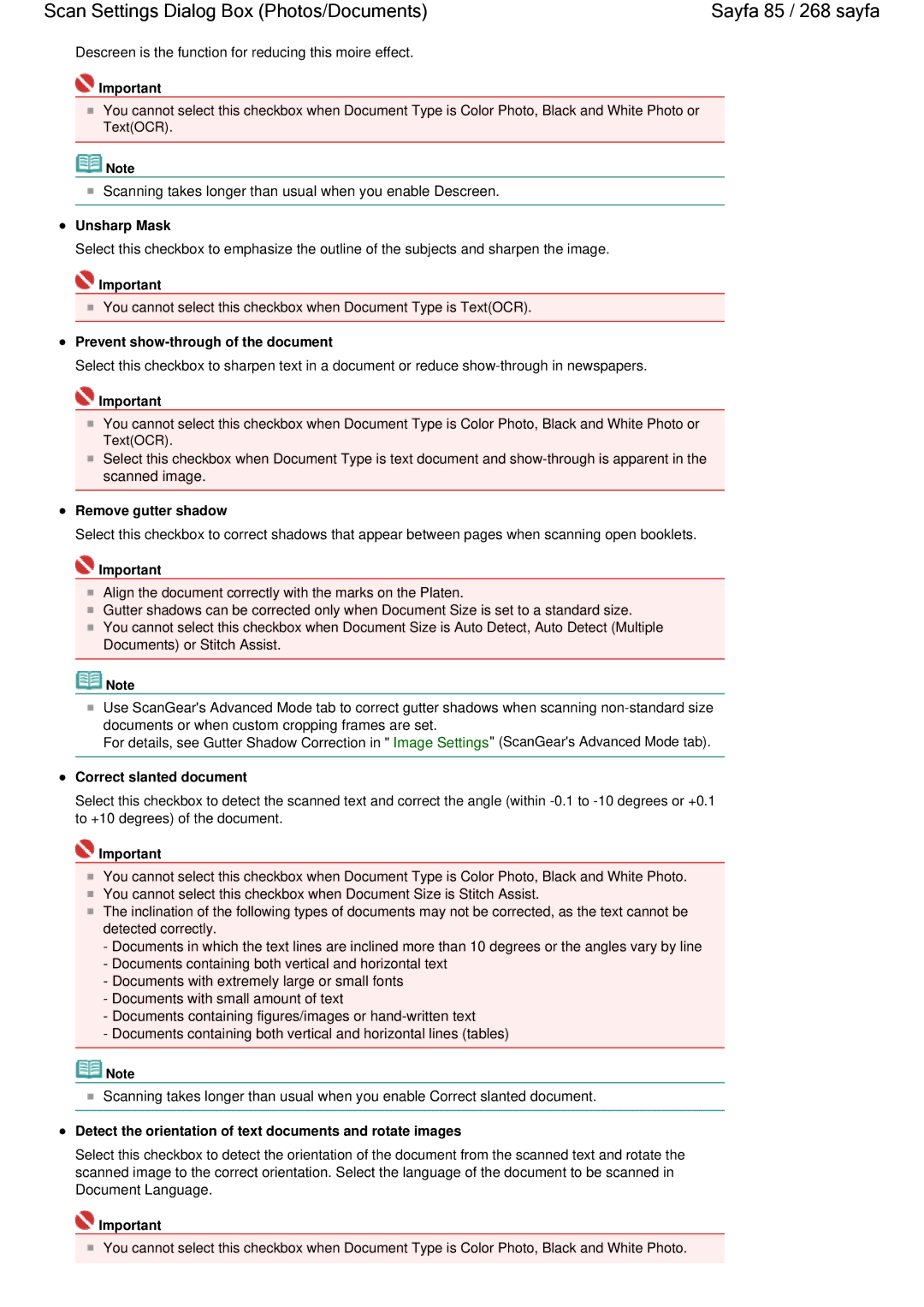 Canon 100 manual Unsharp Mask, Prevent show-through of the document, Remove gutter shadow, Correct slanted document 