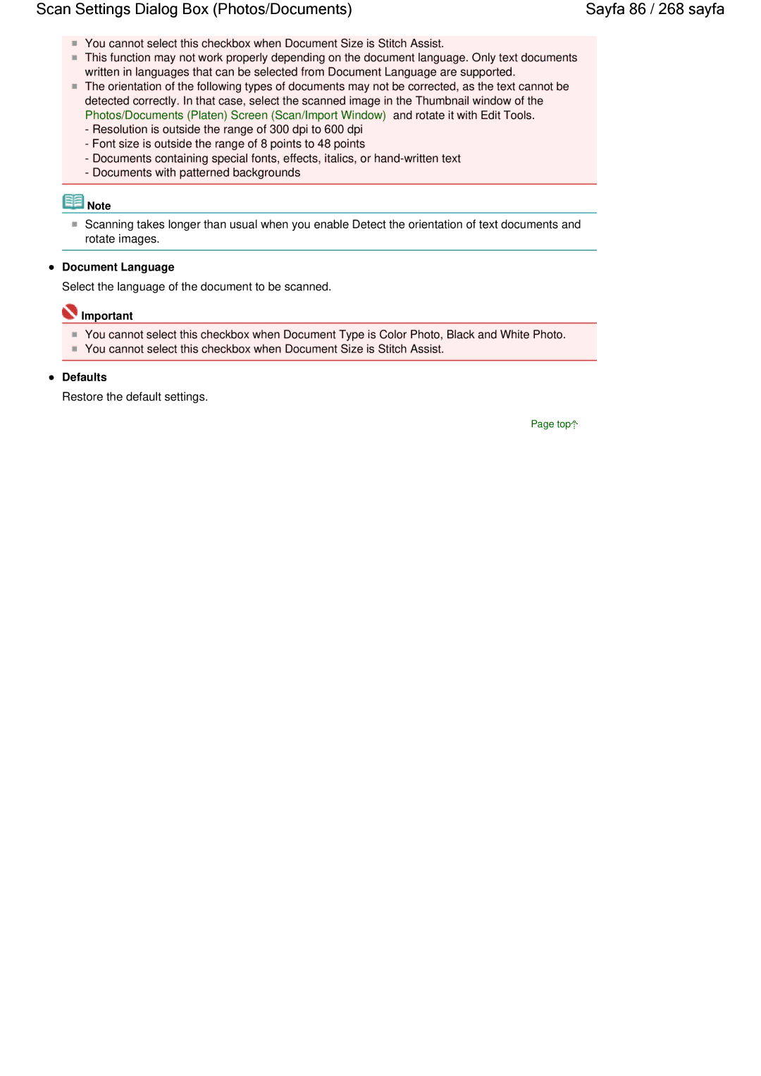 Canon 100 manual Document Language, Defaults 