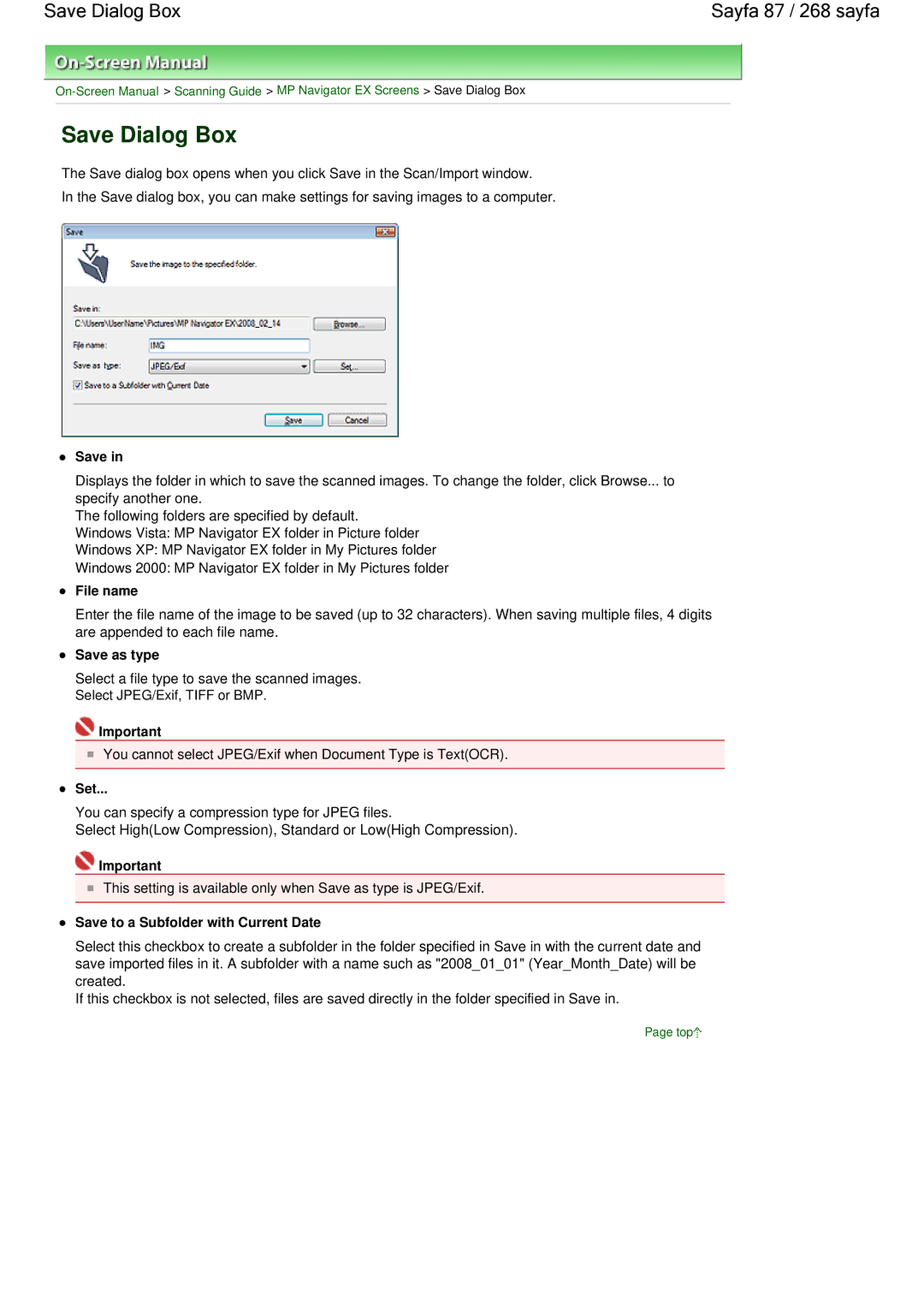 Canon 100 manual Save Dialog Box Sayfa 87 / 268 sayfa, Save as type, Set, Save to a Subfolder with Current Date 