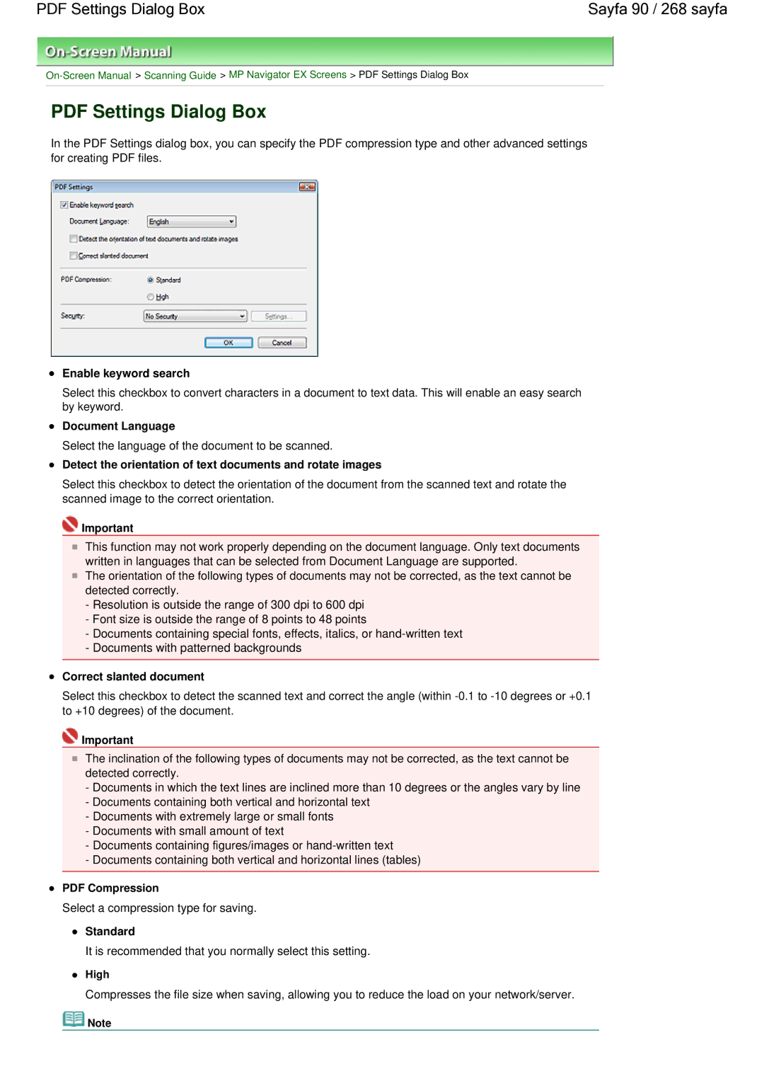 Canon 100 manual Sayfa 90 / 268 sayfa, Enable keyword search, Standard 