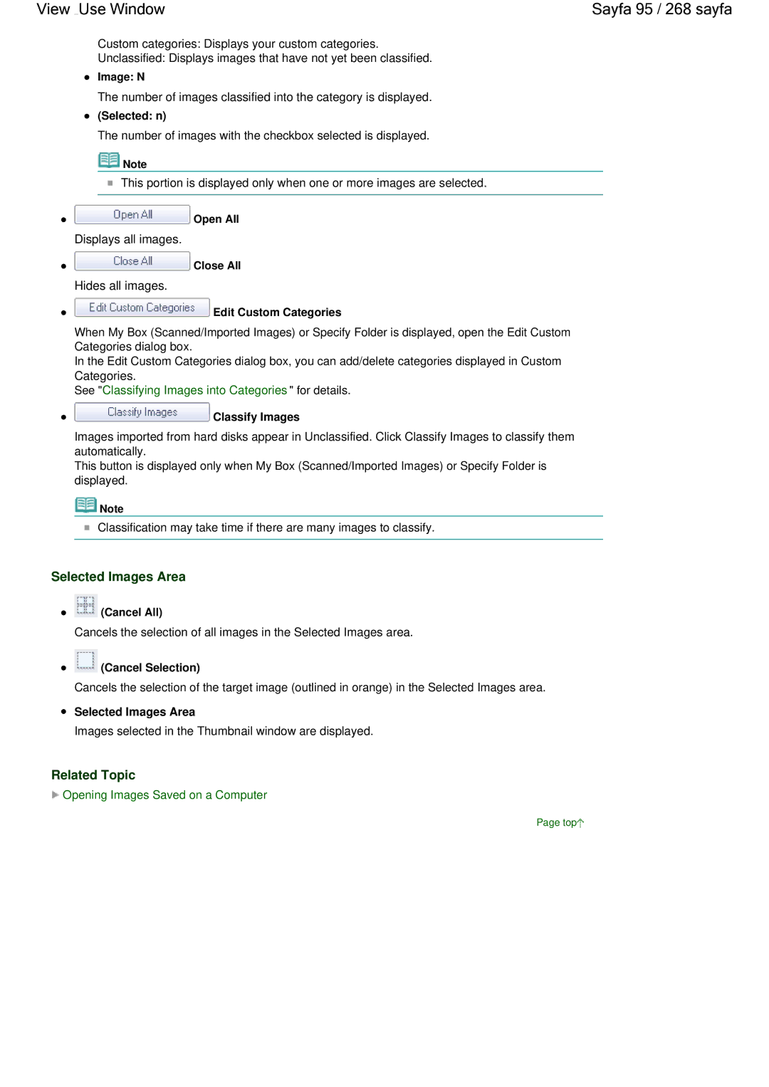 Canon 100 manual View Use Window Sayfa 95 / 268 sayfa, Image N, Selected n, Edit Custom Categories, Classify Images 