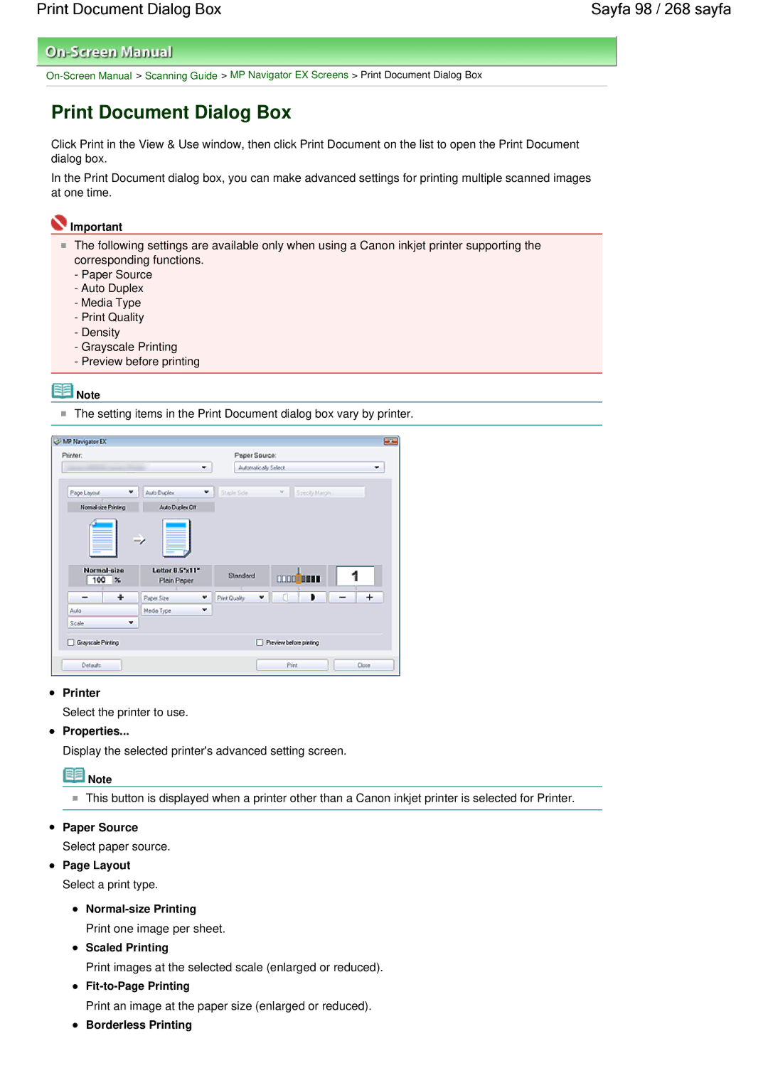 Canon 100 manual Print Document Dialog Box Sayfa 98 / 268 sayfa 