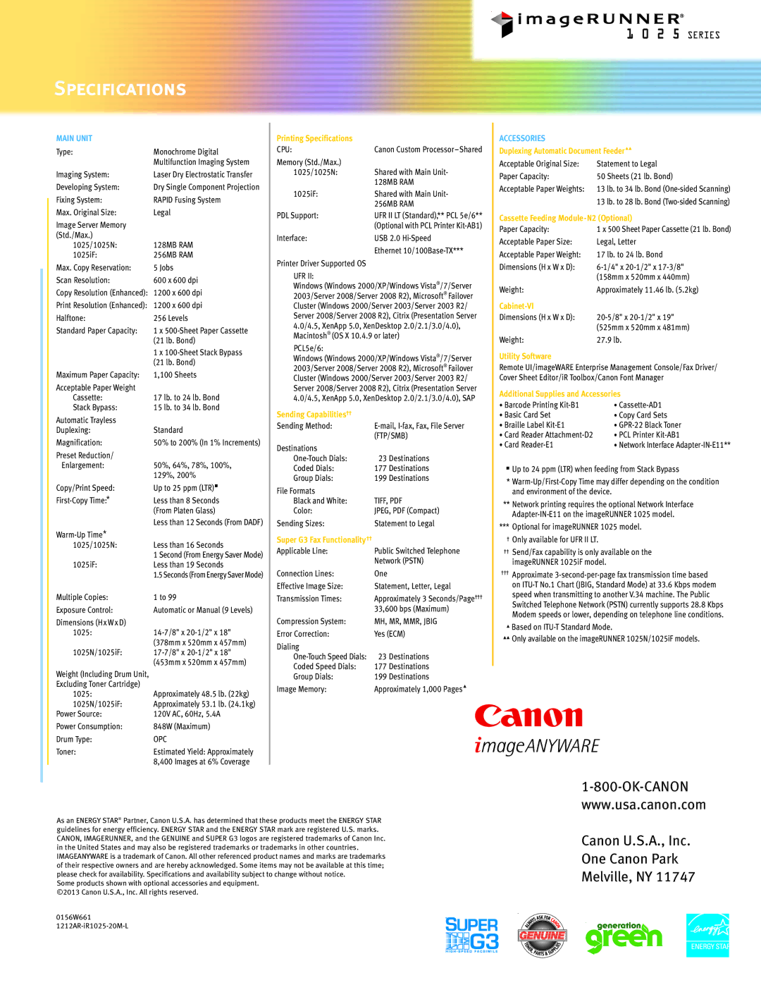 Canon 1025 manual Specifications 