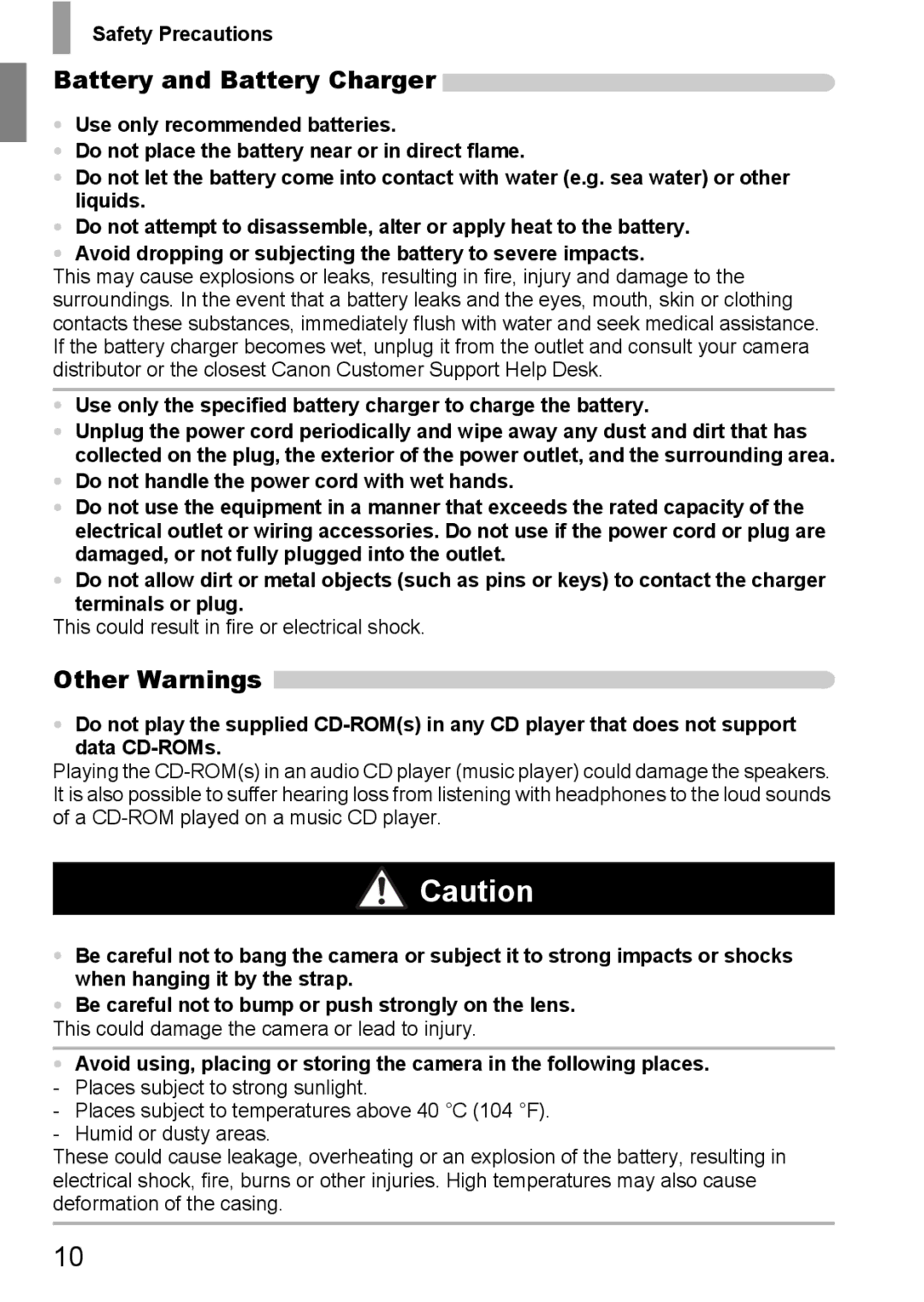 Canon 107 manual Battery and Battery Charger, Other Warnings, Safety Precautions 