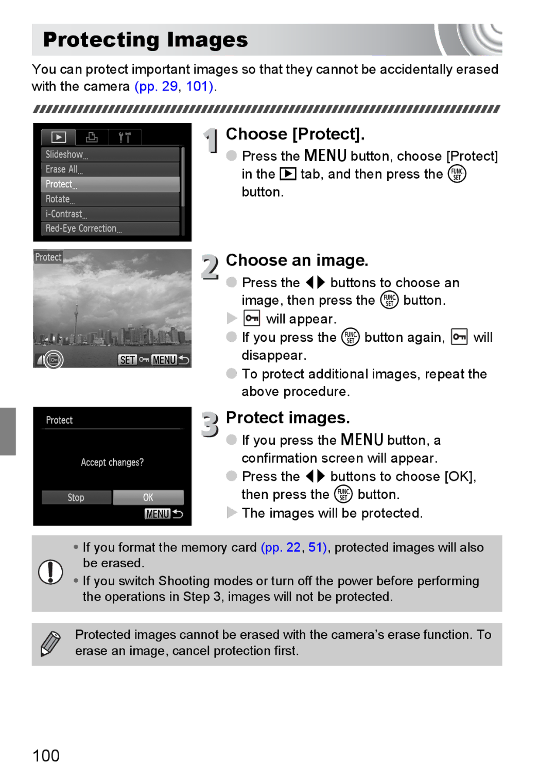 Canon 107 manual Protecting Images, Choose Protect, Protect images, 100 