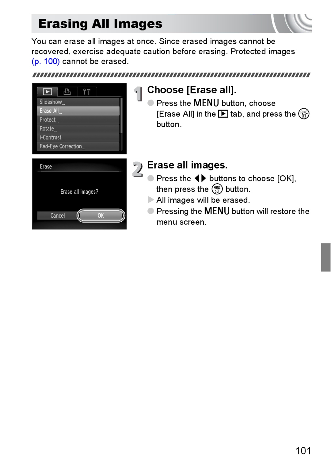 Canon 107 manual Erasing All Images, Choose Erase all, Erase all images, 101 