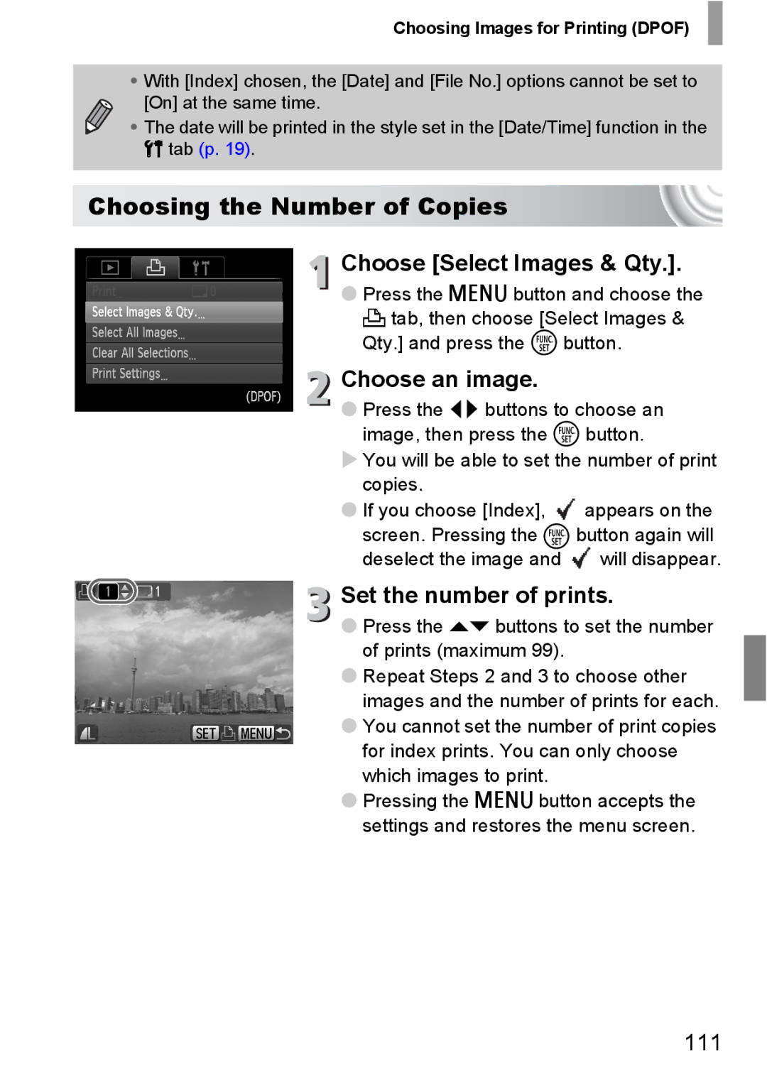 Canon 107 manual Choosing the Number of Copies, Choose Select Images & Qty, Set the number of prints, 111 