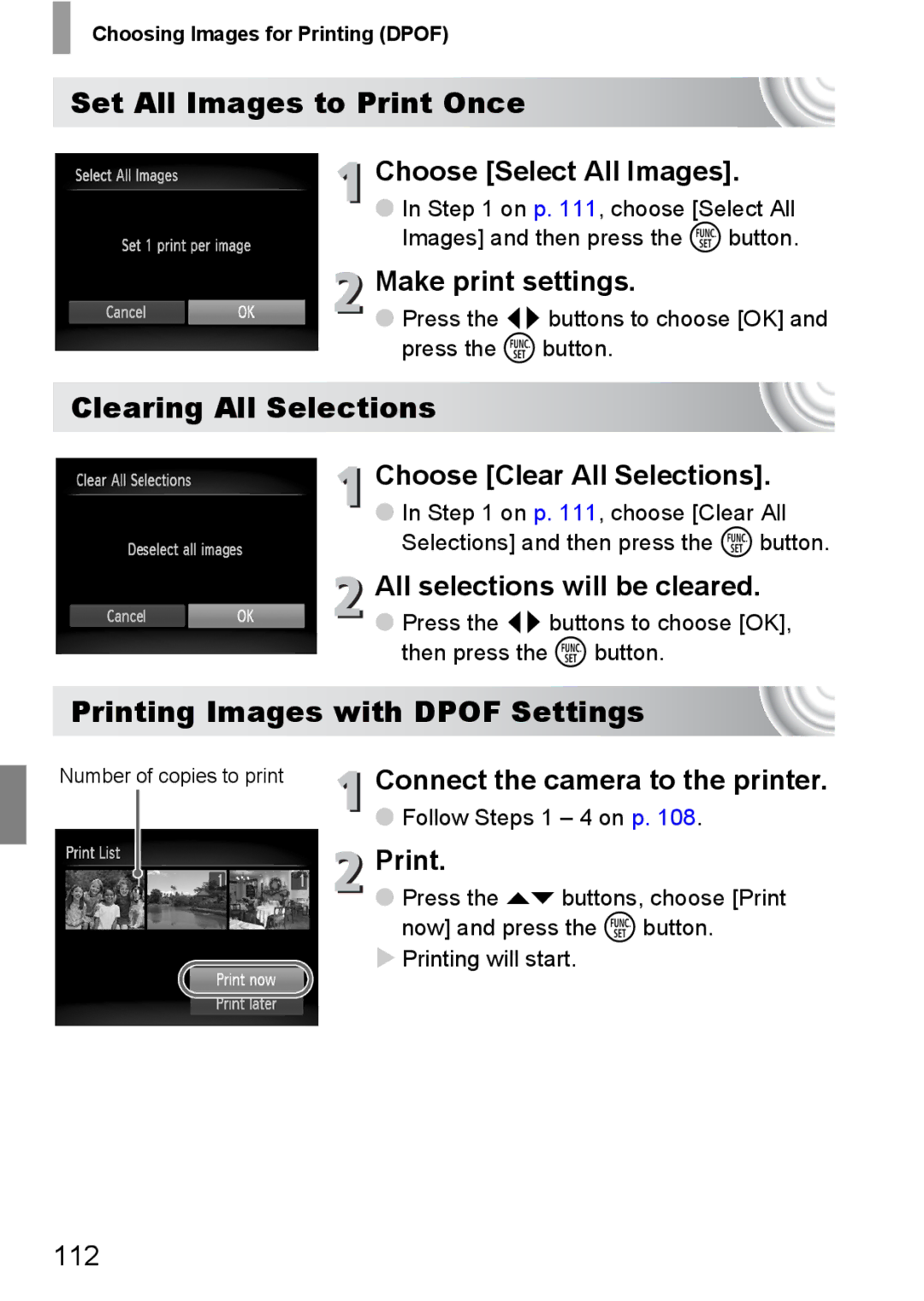 Canon 107 manual Set All Images to Print Once, Clearing All Selections, Printing Images with Dpof Settings 