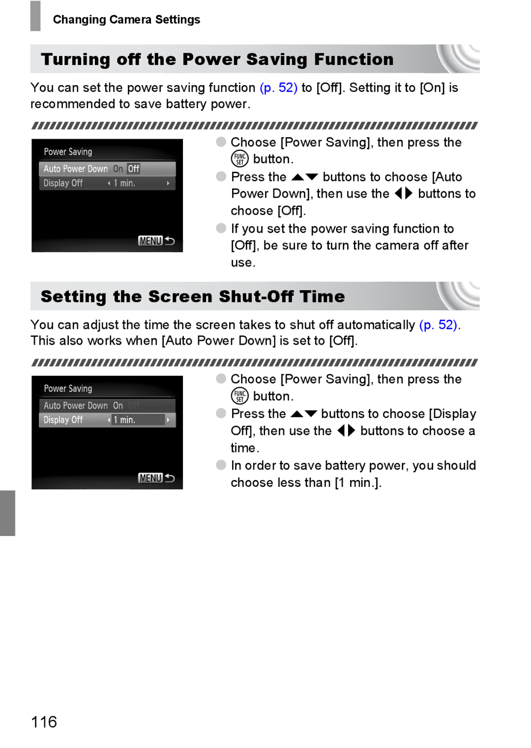 Canon 107 manual Turning off the Power Saving Function, Setting the Screen Shut-Off Time, 116 