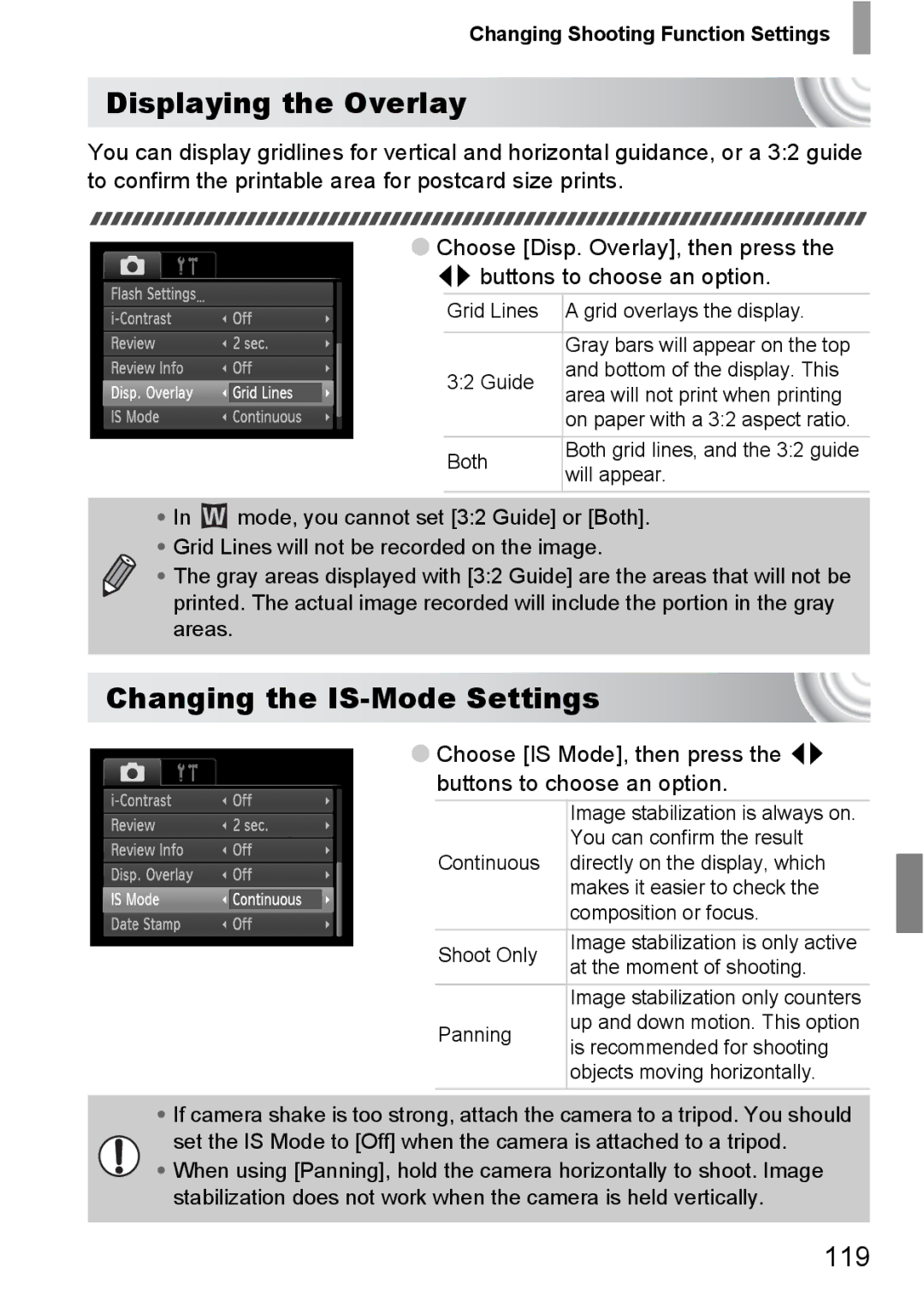 Canon 107 manual Displaying the Overlay, Changing the IS-Mode Settings, 119 