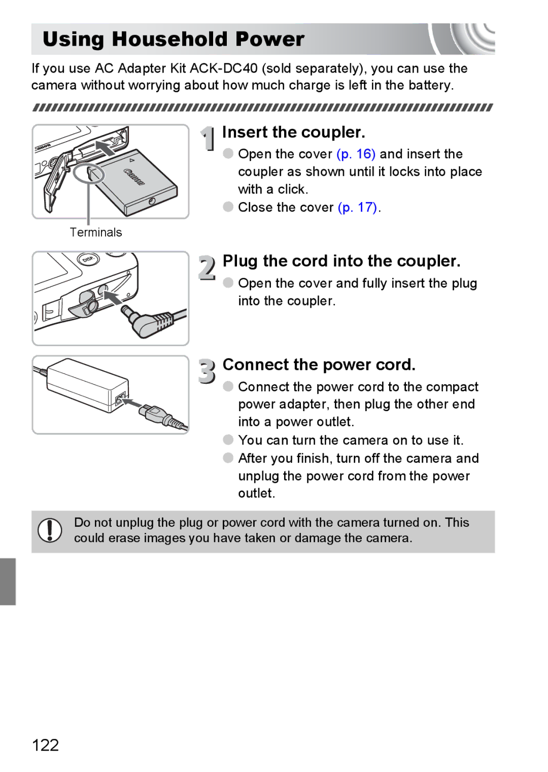 Canon 107 manual Using Household Power, Insert the coupler, Plug the cord into the coupler, Connect the power cord, 122 