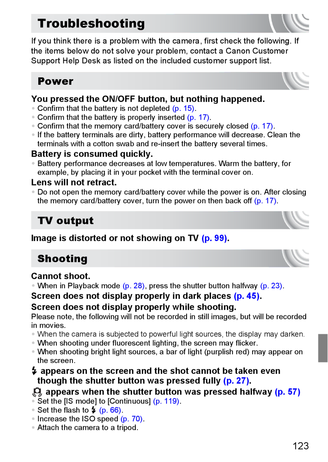 Canon 107 manual Troubleshooting, Power, TV output, Shooting, 123 