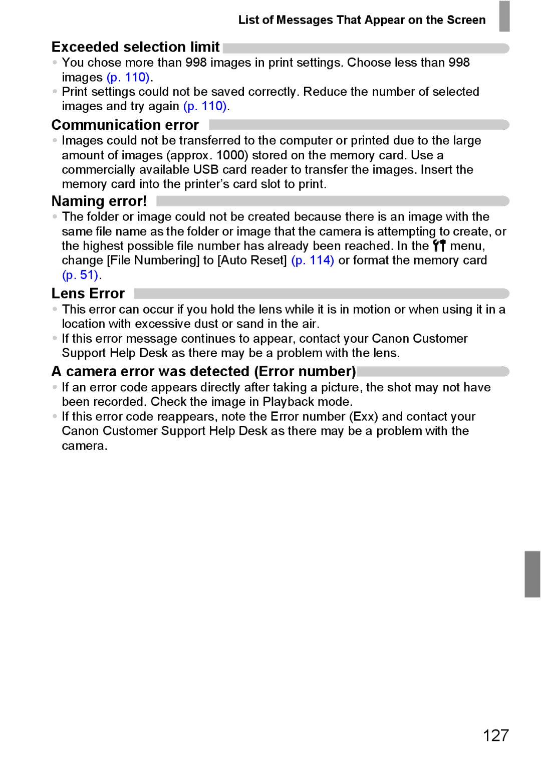 Canon 107 manual 127, Exceeded selection limit, Communication error, Naming error, Lens Error 