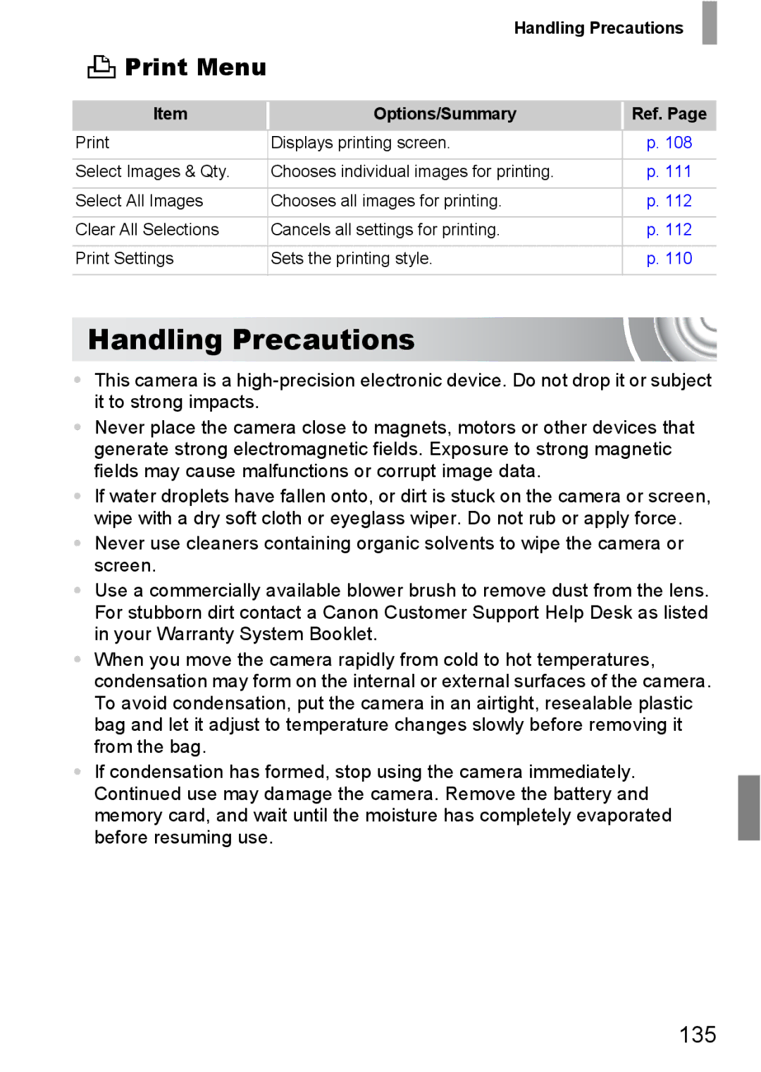 Canon 107 manual Handling Precautions, Print Menu, 135 