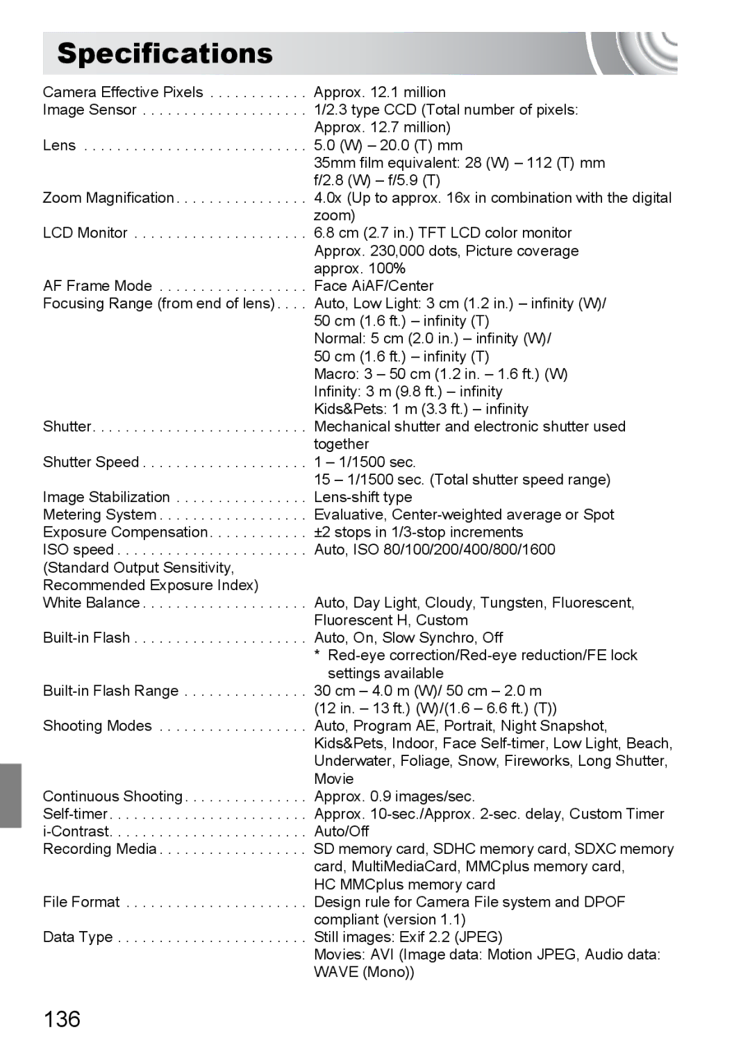 Canon 107 manual Specifications, 136 