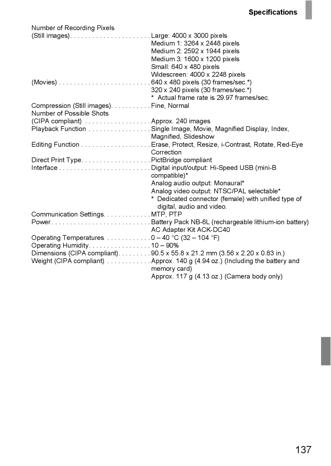 Canon 107 manual 137, Specifications 