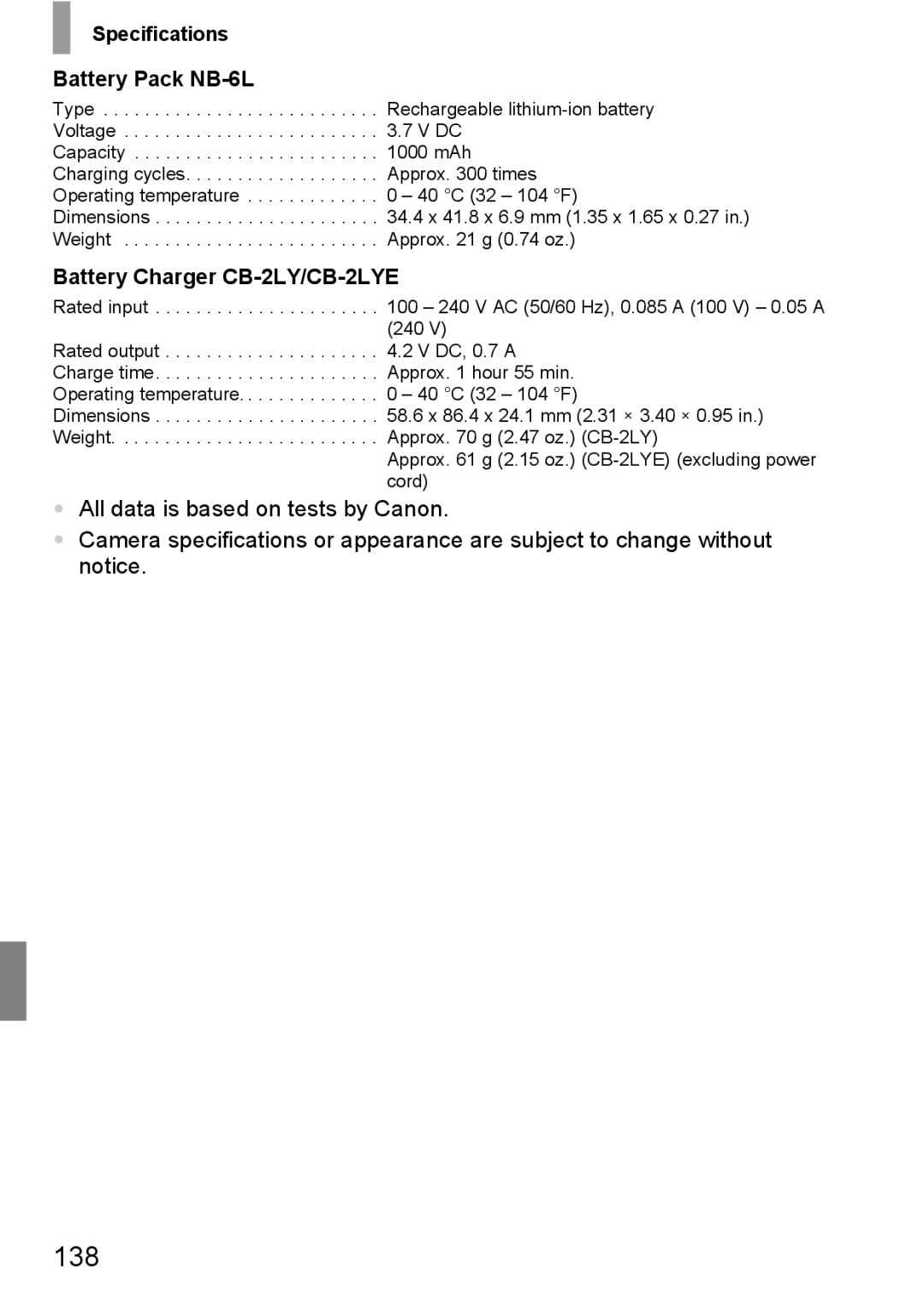 Canon 107 manual 138, Specifications Battery Pack NB-6L, Battery Charger CB-2LY/CB-2LYE 