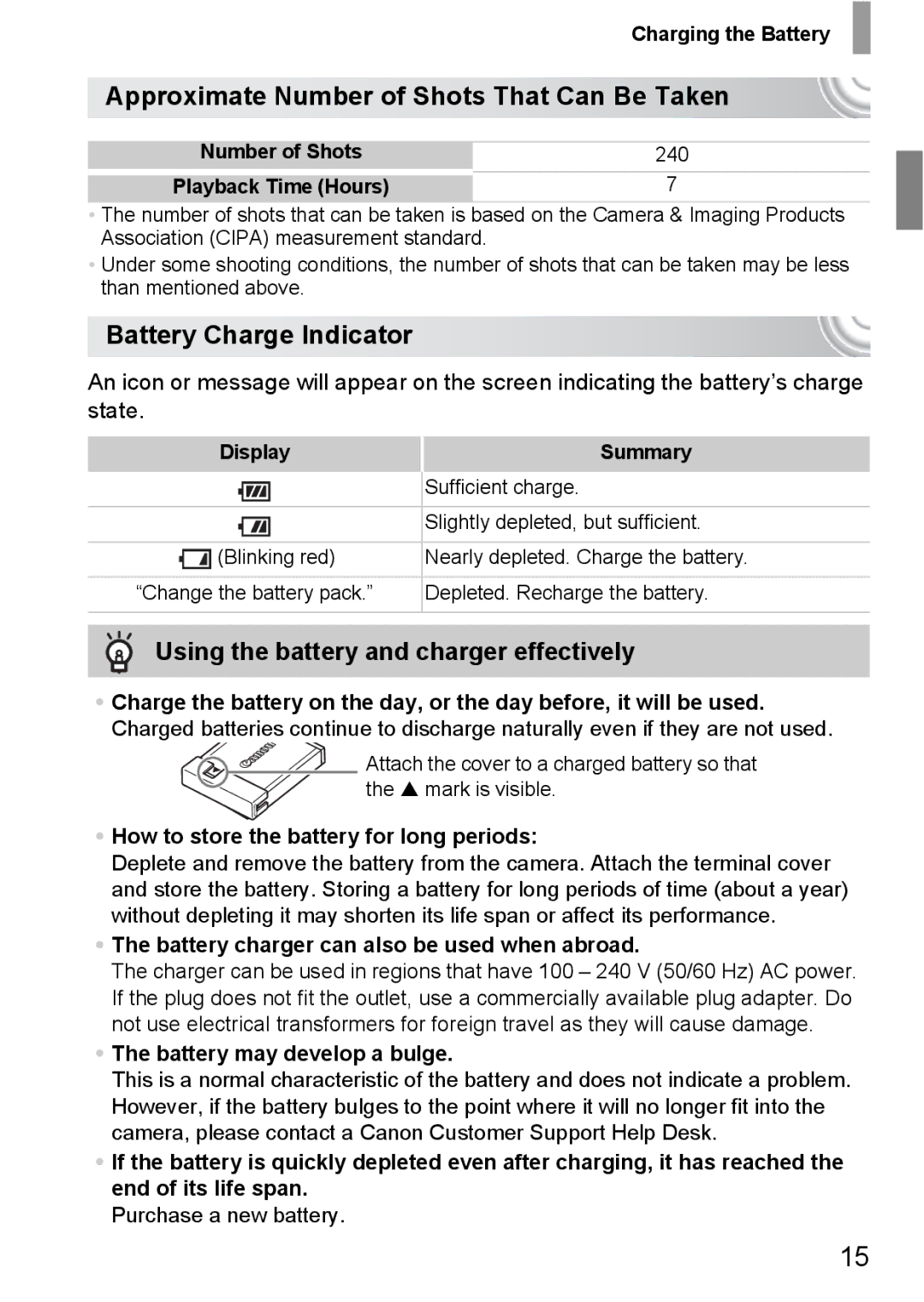 Canon 107 manual Approximate Number of Shots That Can Be Taken, Battery Charge Indicator 