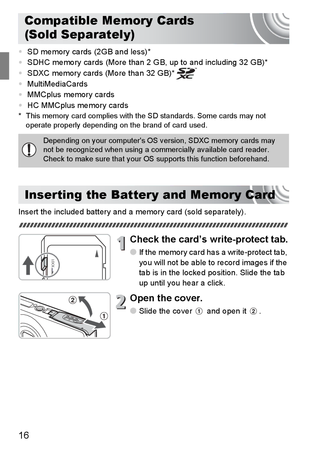 Canon 107 manual Compatible Memory Cards Sold Separately, Inserting the Battery and Memory Card, Open the cover 