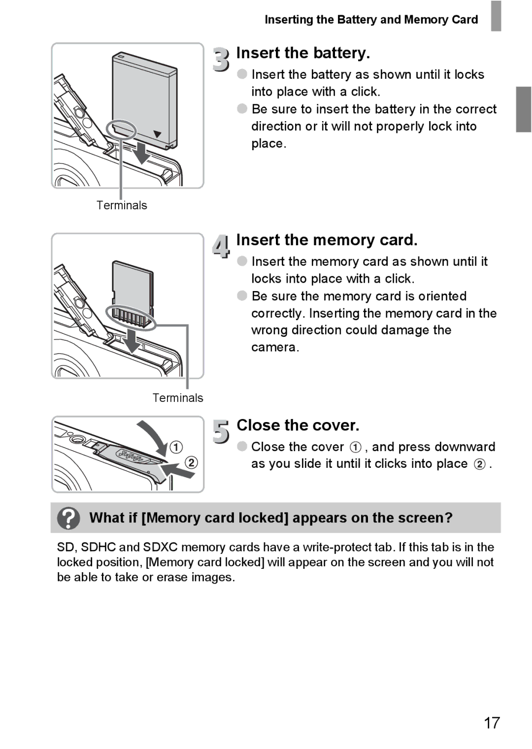 Canon 107 manual Insert the memory card, Close the cover, What if Memory card locked appears on the screen? 