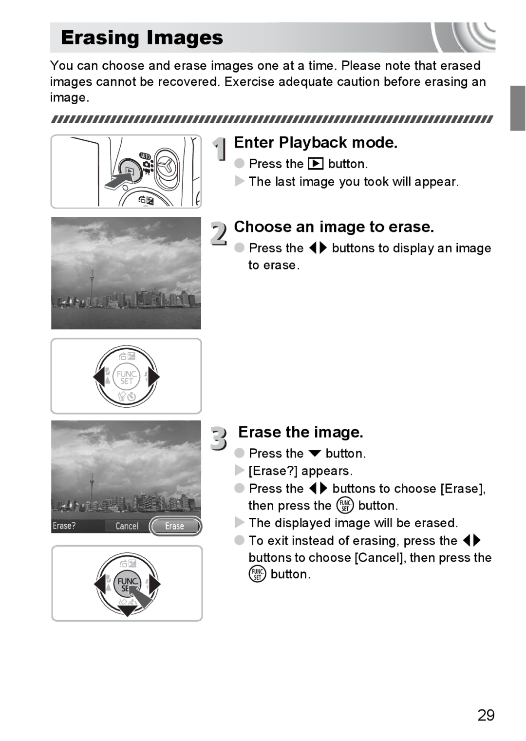 Canon 107 Erasing Images, Choose an image to erase, Erase the image, Press the qr buttons to display an image to erase 