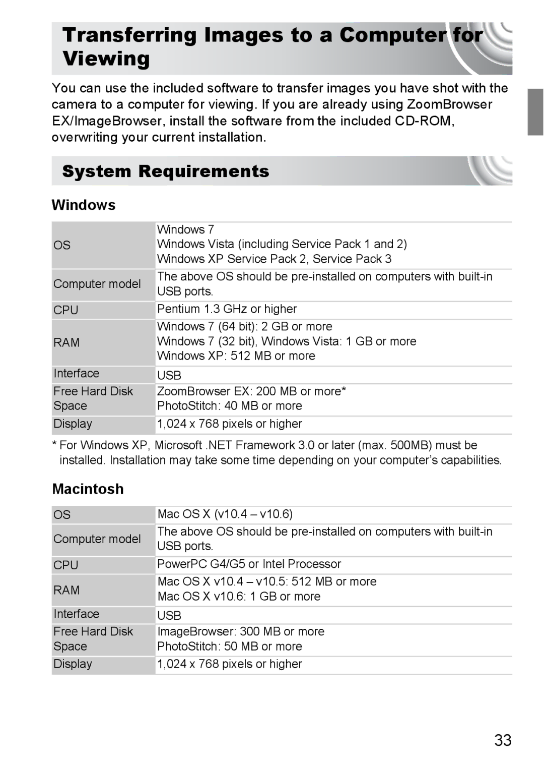 Canon 107 manual Transferring Images to a Computer for Viewing, System Requirements, Windows, Macintosh 