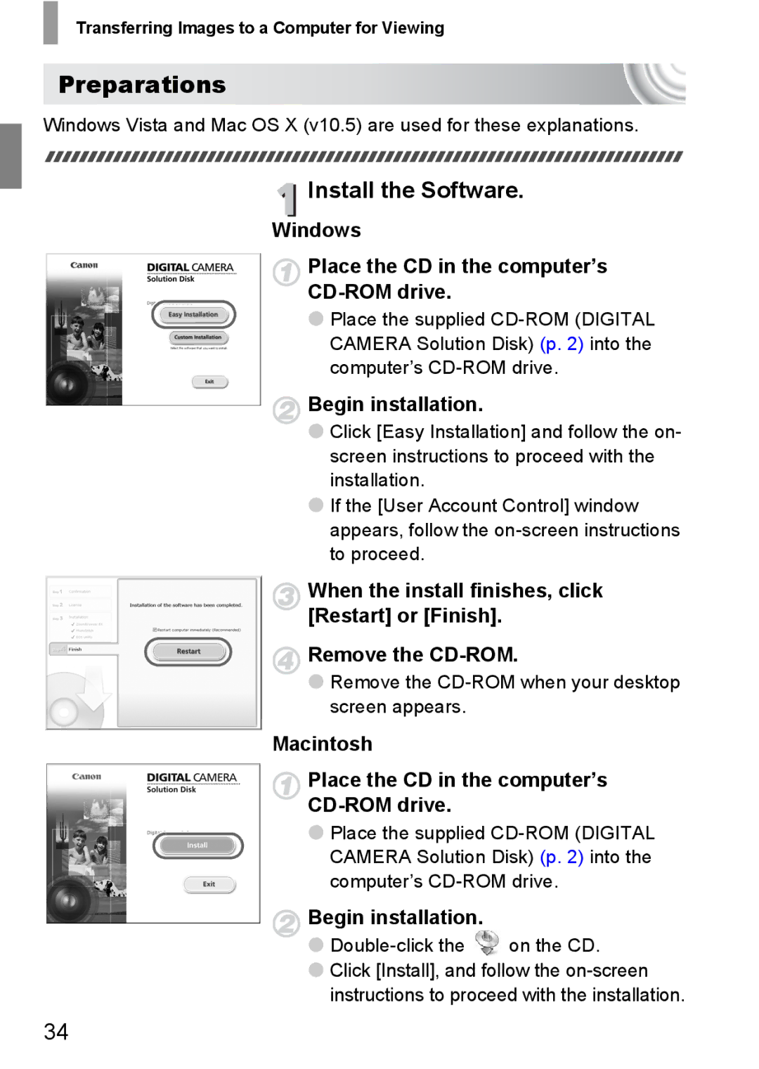 Canon 107 Preparations, Install the Software, Windows Place the CD in the computer’s CD-ROM drive, Begin installation 