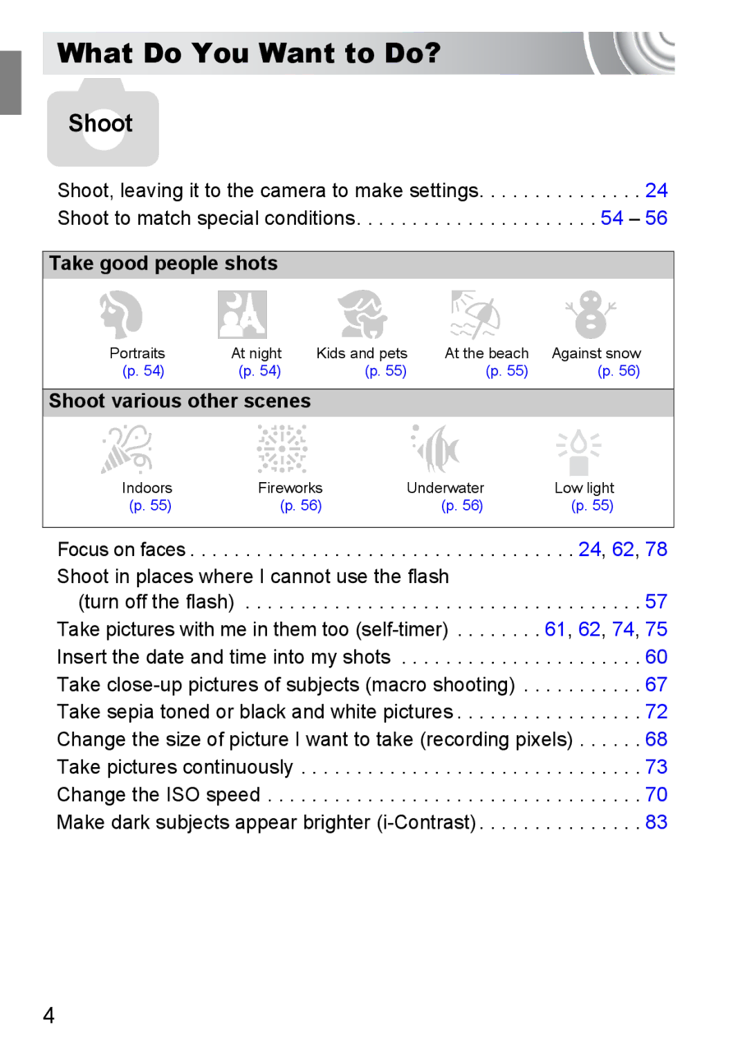 Canon 107 manual What Do You Want to Do? 4Shoot, Take good people shots, Shoot various other scenes 