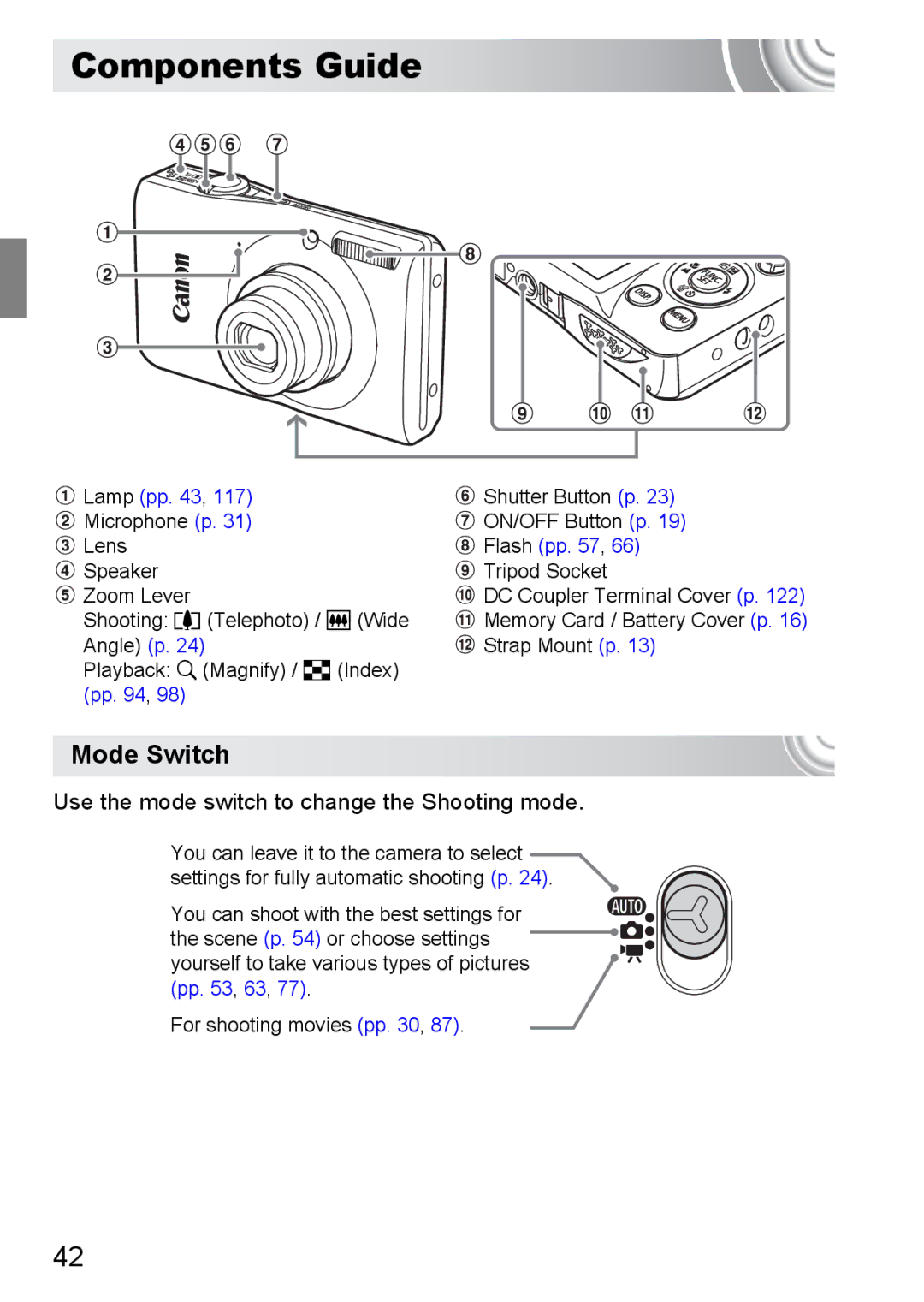 Canon 107 manual Components Guide, Mode Switch, Use the mode switch to change the Shooting mode 