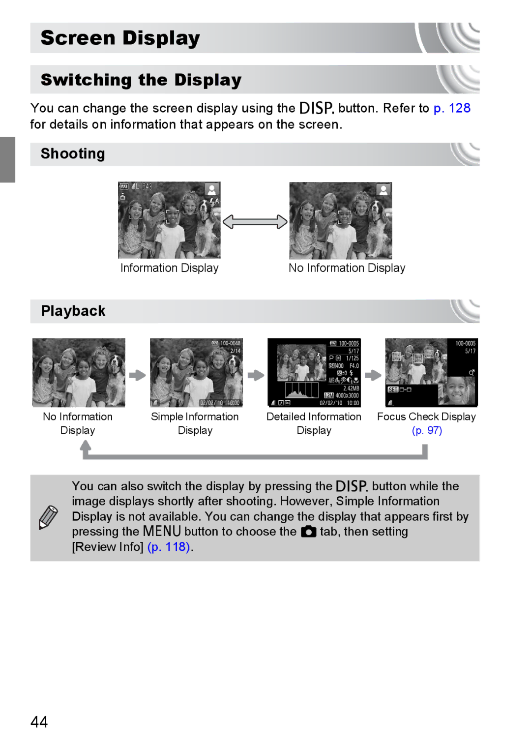 Canon 107 manual Screen Display, Switching the Display, Shooting, Playback 