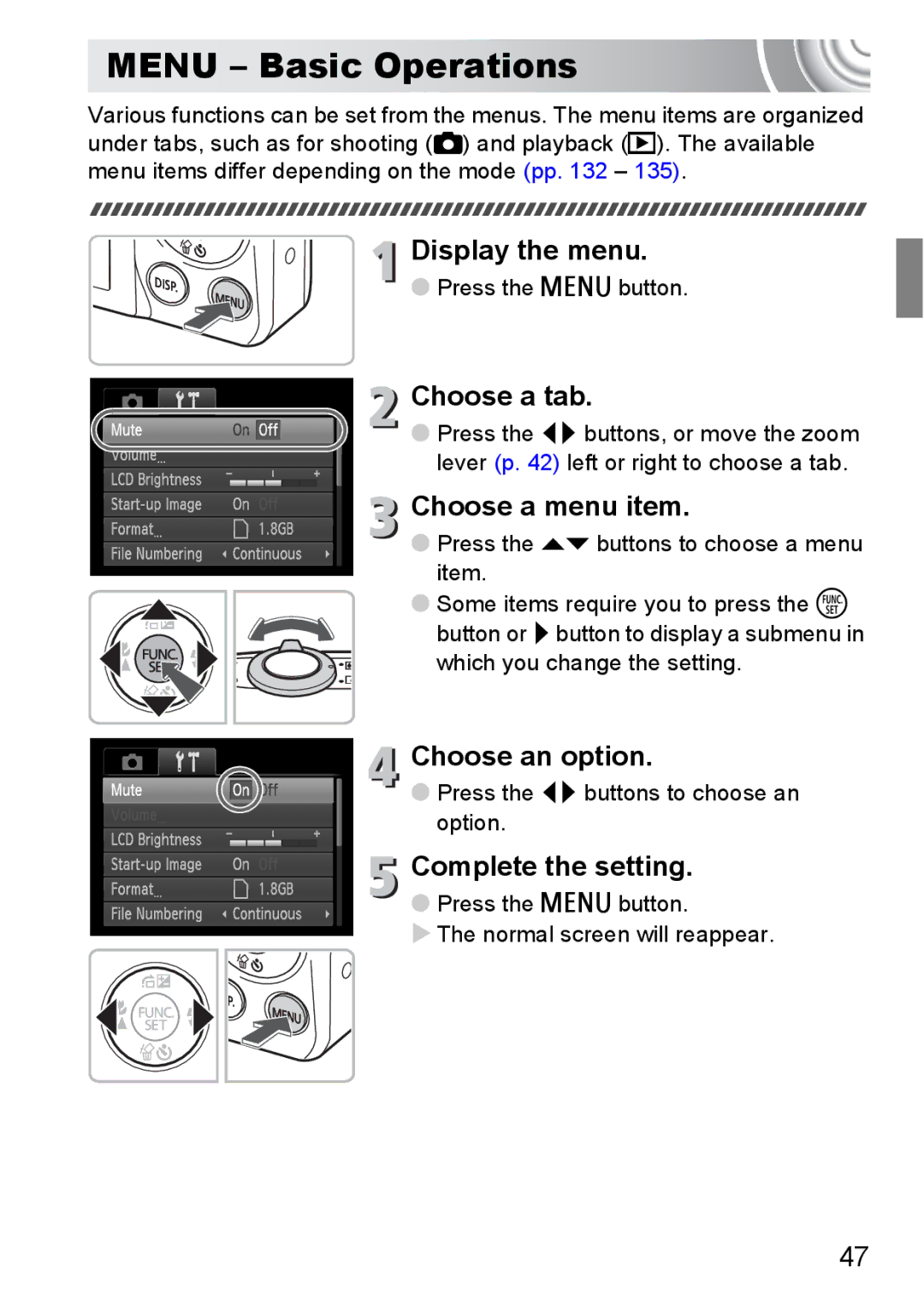 Canon 107 manual Menu Basic Operations, Choose a tab, Press the qr buttons to choose an option 