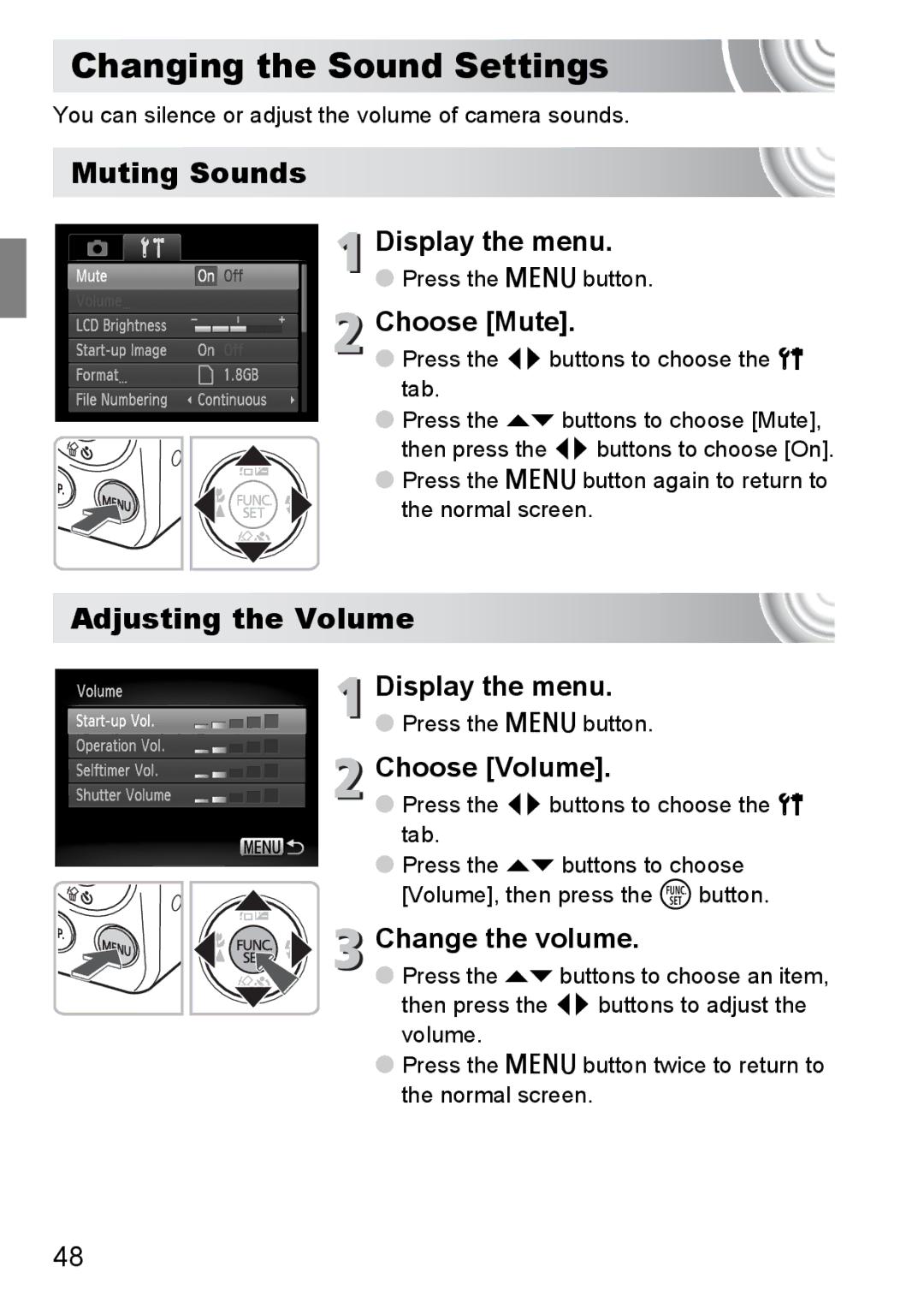 Canon 107 manual Changing the Sound Settings, Muting Sounds, Adjusting the Volume 